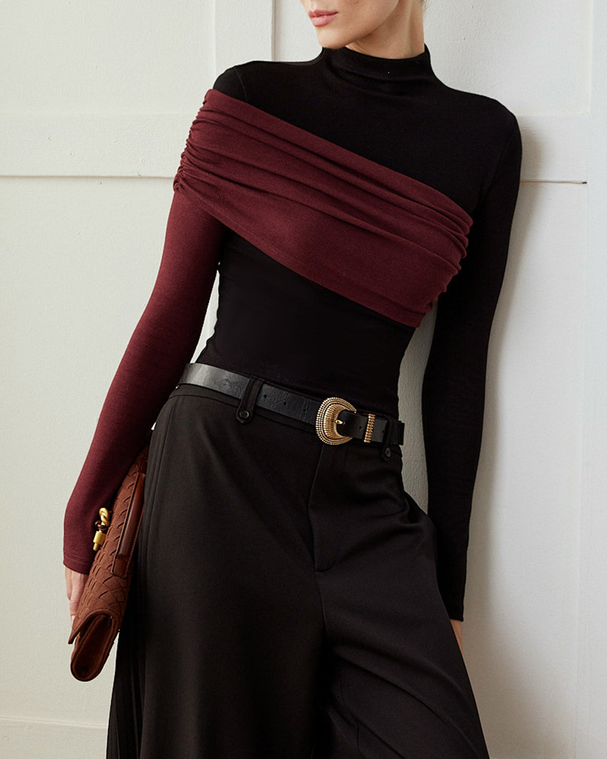 Renk Bloklu Pliseli Jersey Dar Bluz