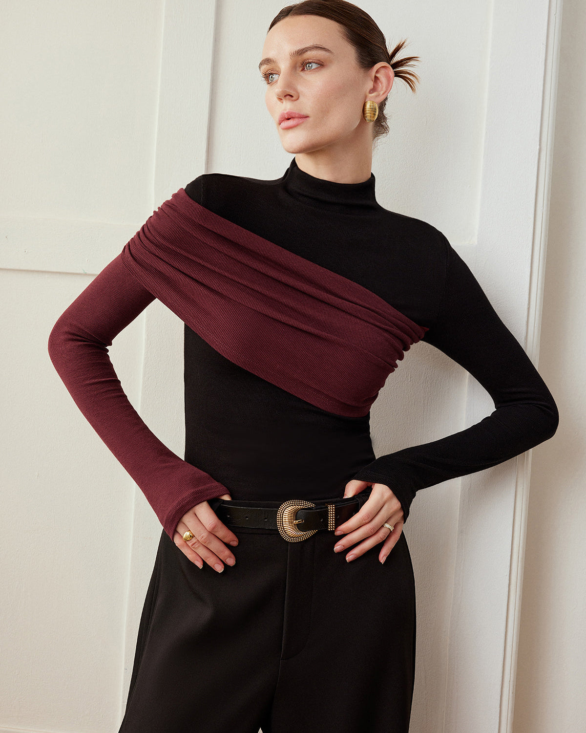 Renk Bloklu Pliseli Jersey Dar Bluz