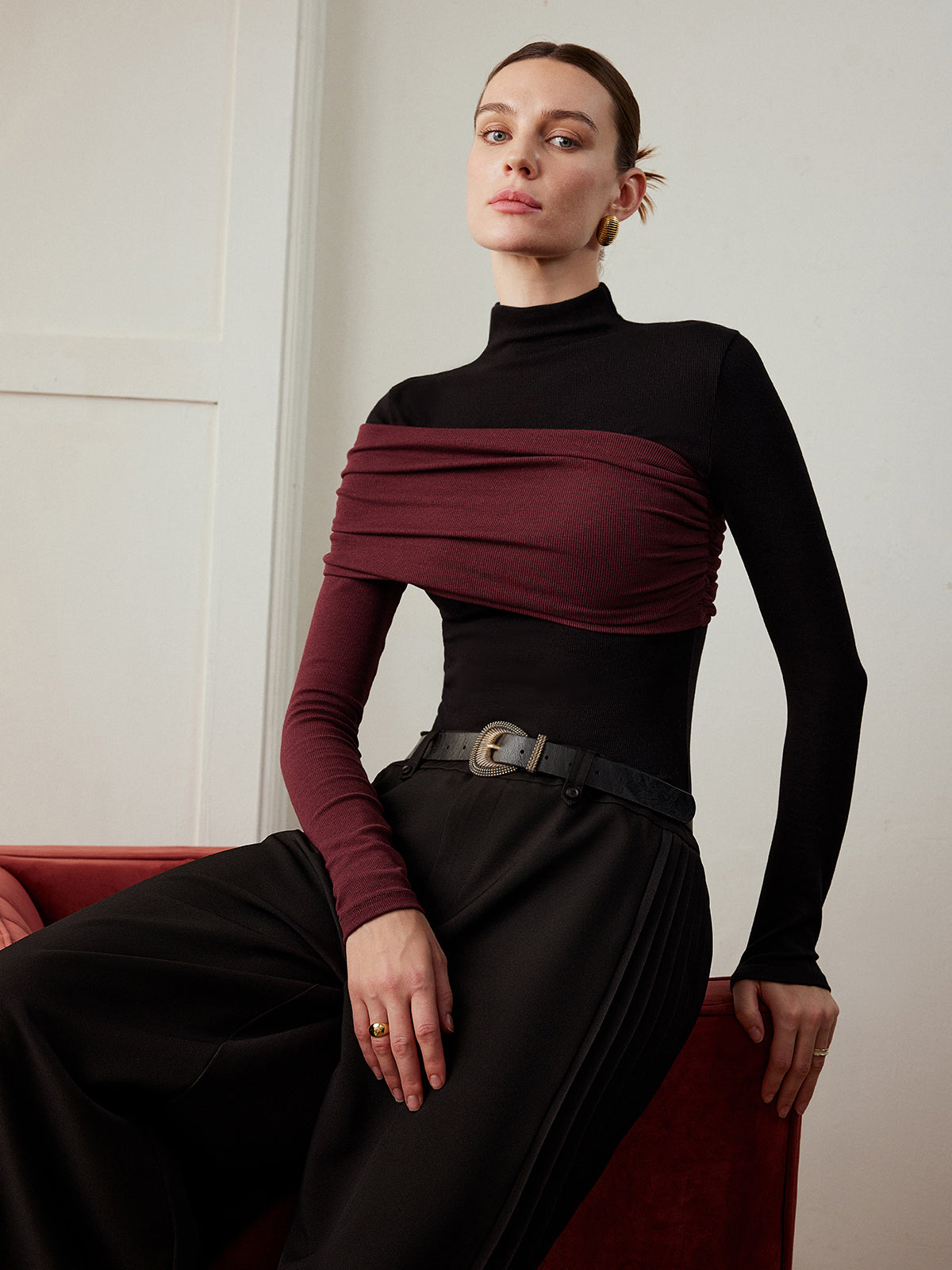 Renk Bloklu Pliseli Jersey Dar Bluz