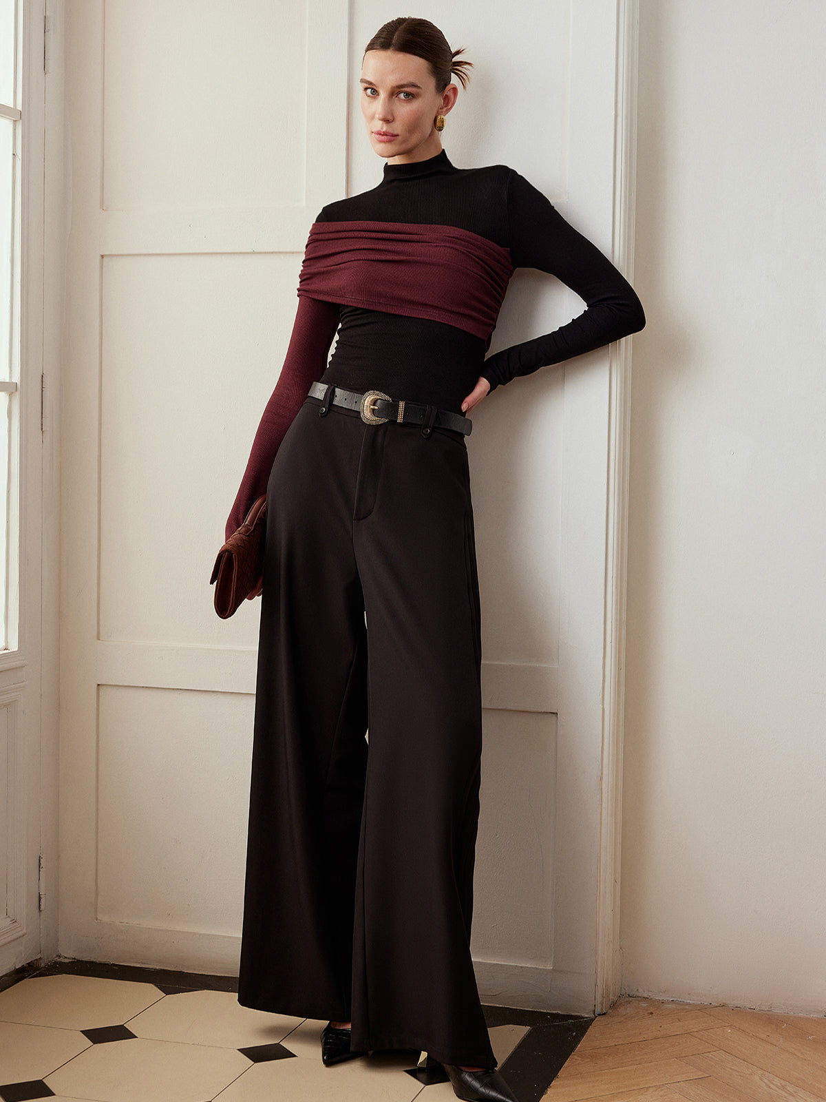 Renk Bloklu Pliseli Jersey Dar Bluz