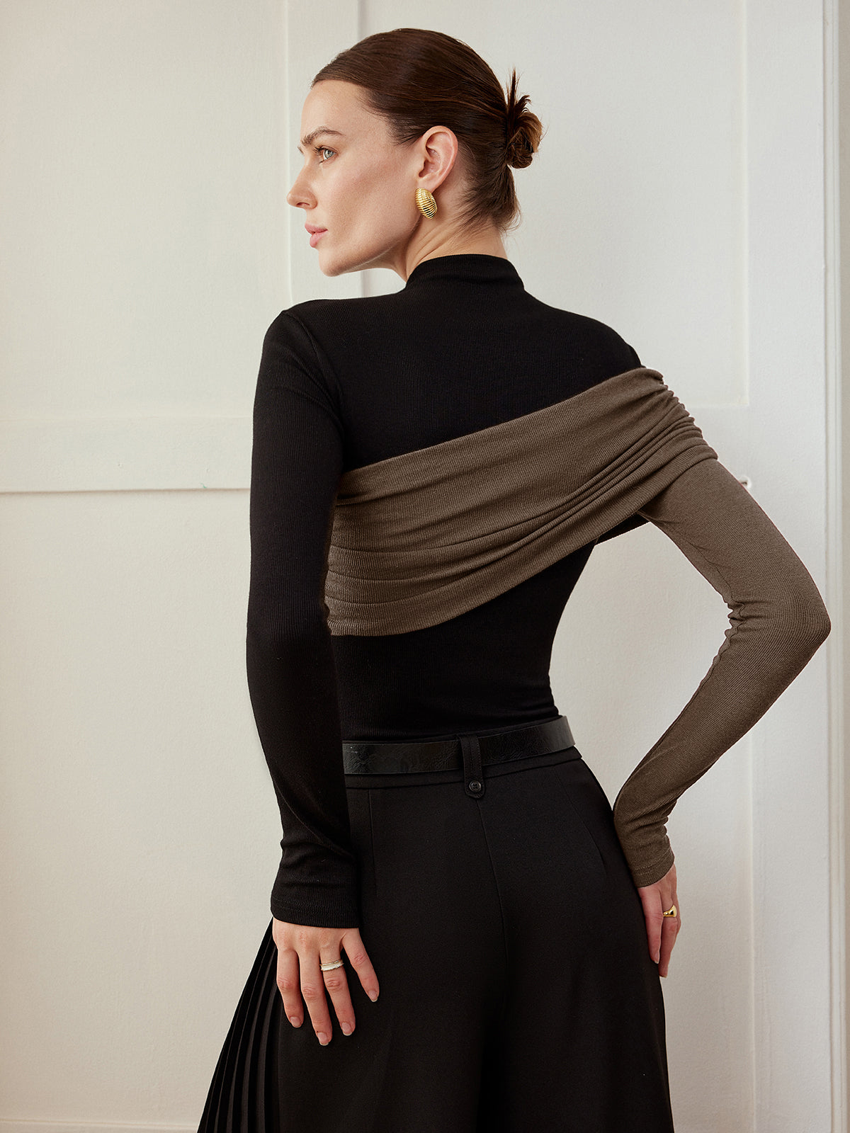 Renk Bloklu Pliseli Jersey Dar Bluz