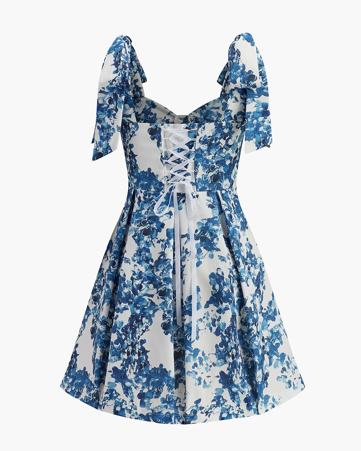 Çiçek Desenli Bağcıklı Kalp Yaka Elbise