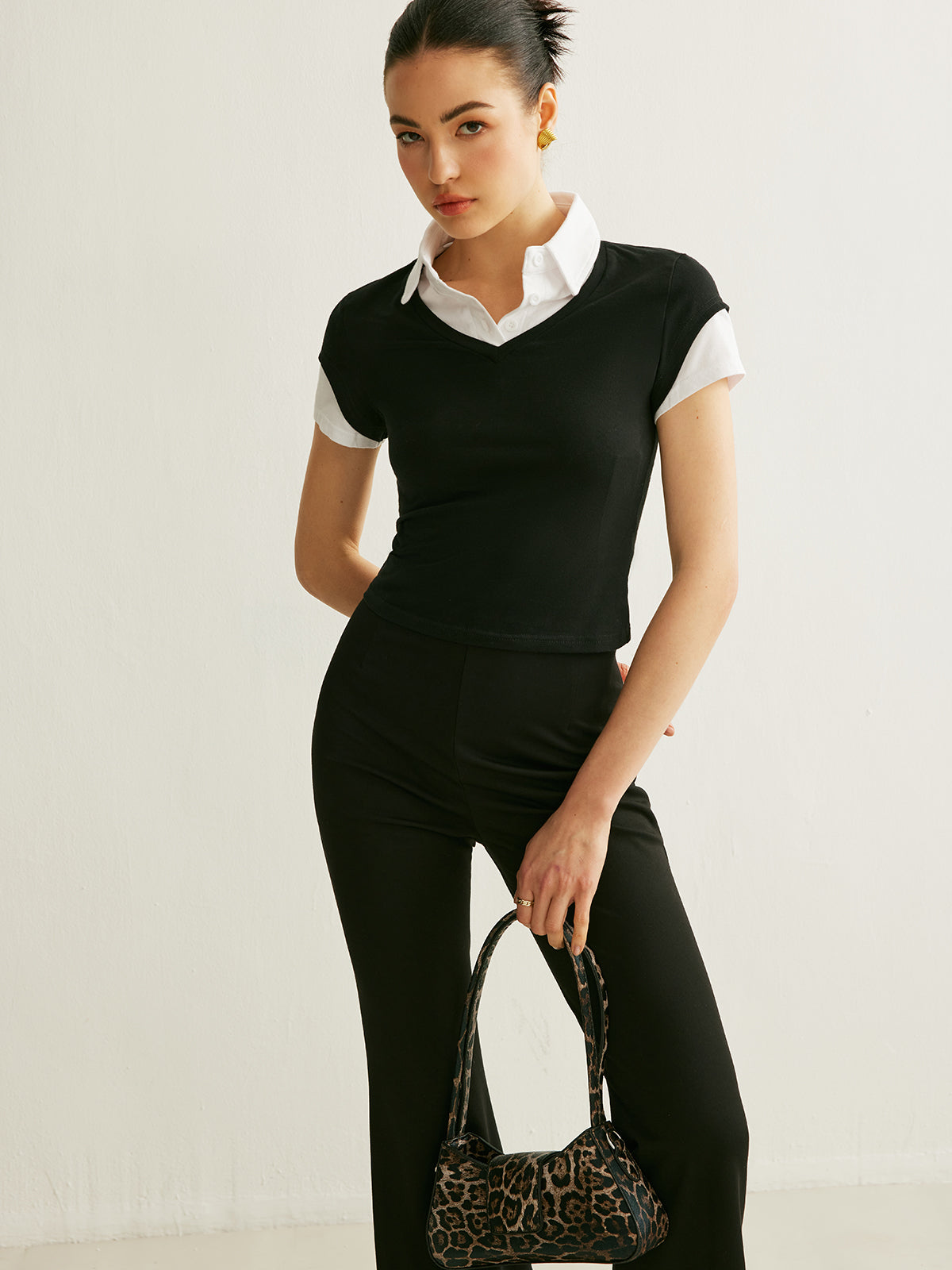 Polo Yaka Renk Bloklu Bluz