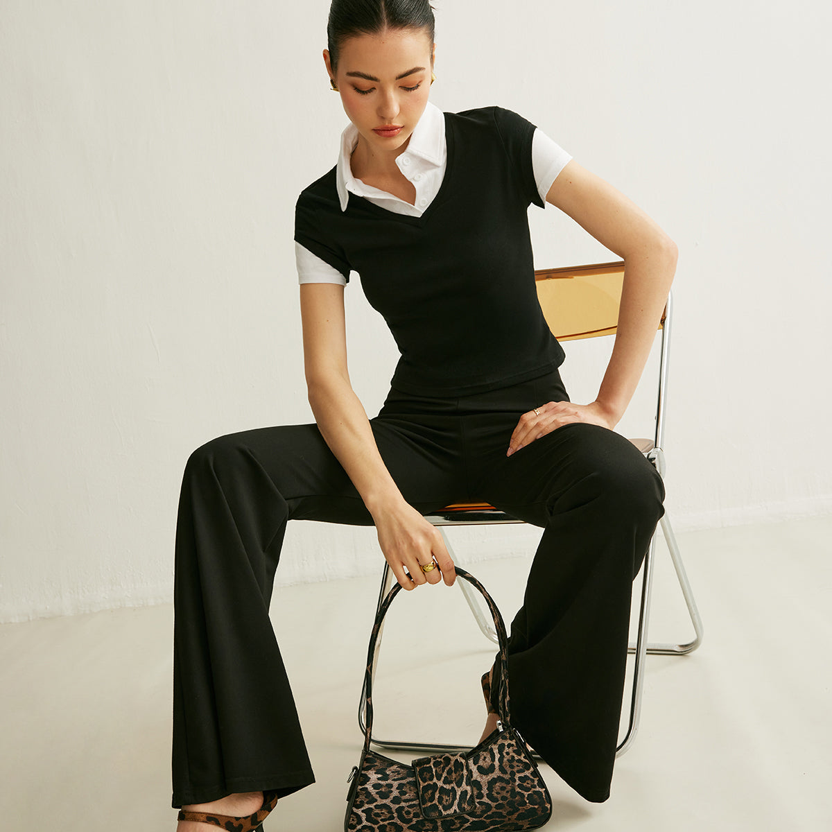 Polo Yaka Renk Bloklu Bluz