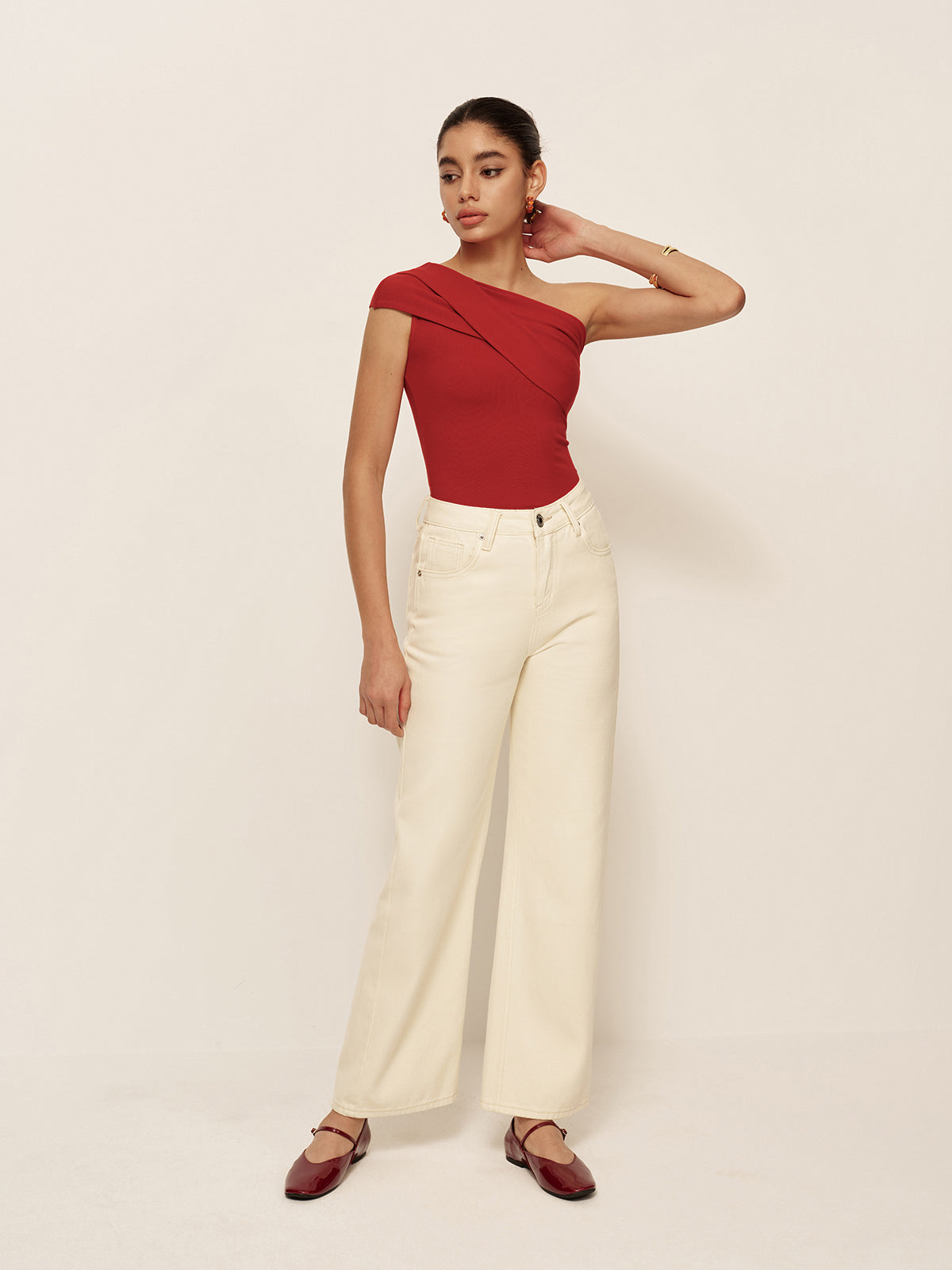 Asimetrik Yaka Kolsuz Jarse Bluz