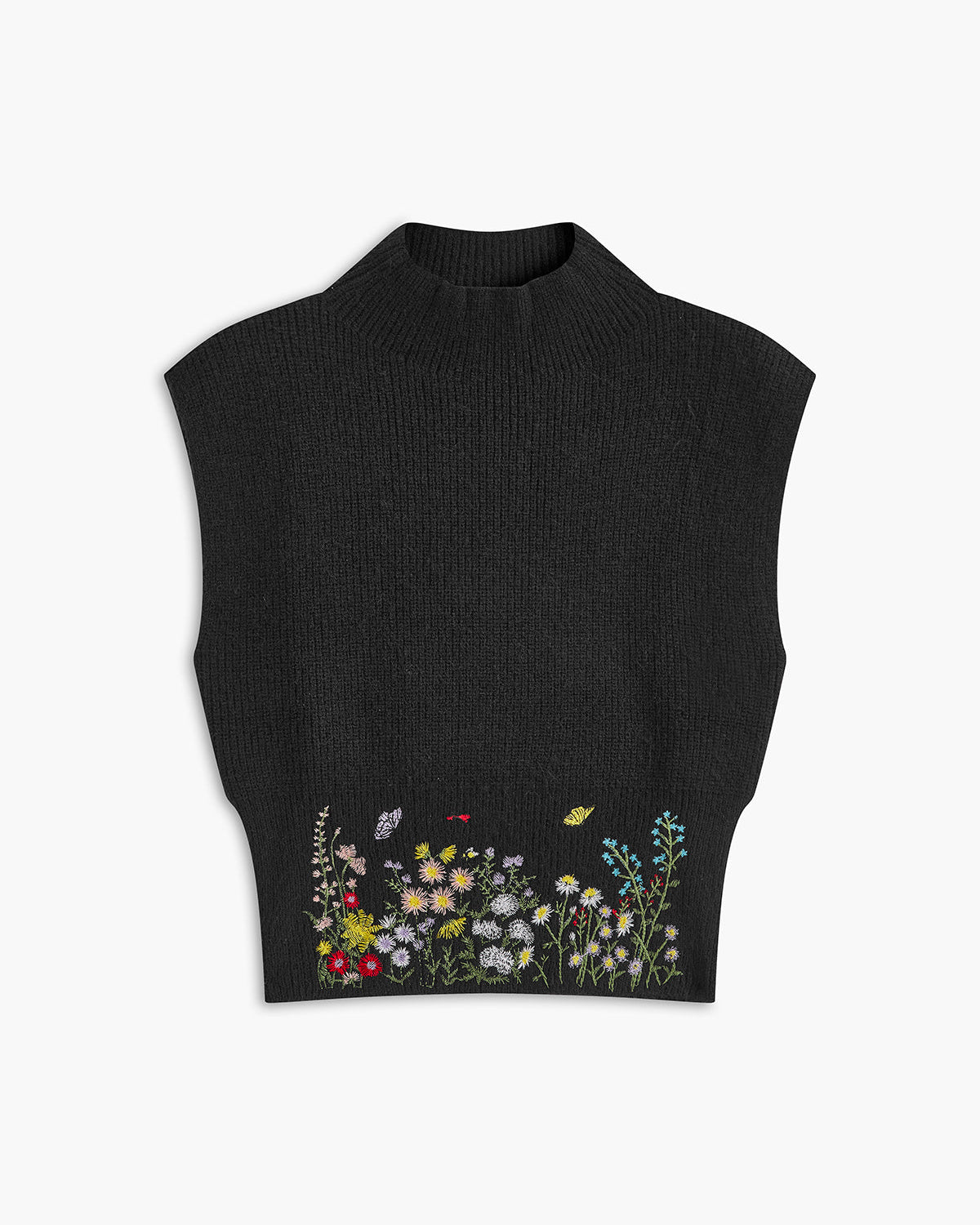 Dik Yaka Nakışlı Çiçek Desenli Triko Yelek