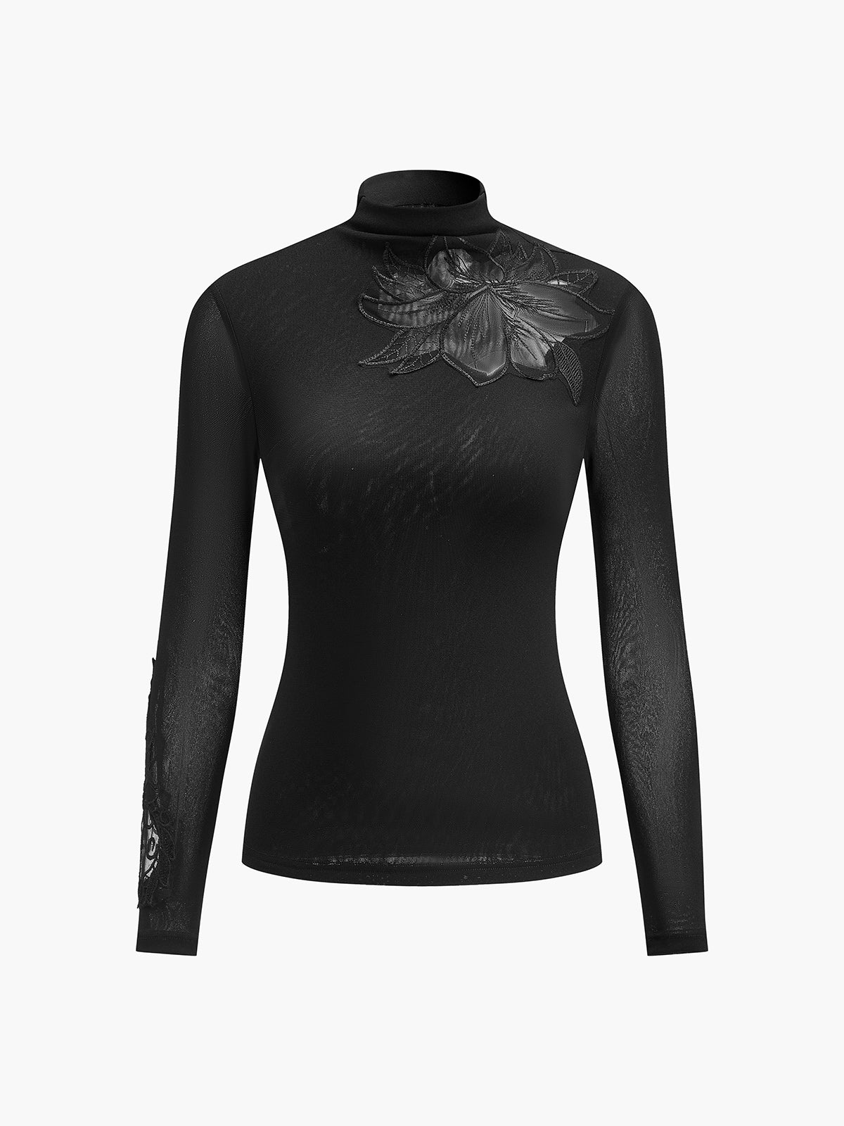 Yarı Şeffaf File-Çiçek Desenli Dar Jarse Bluz