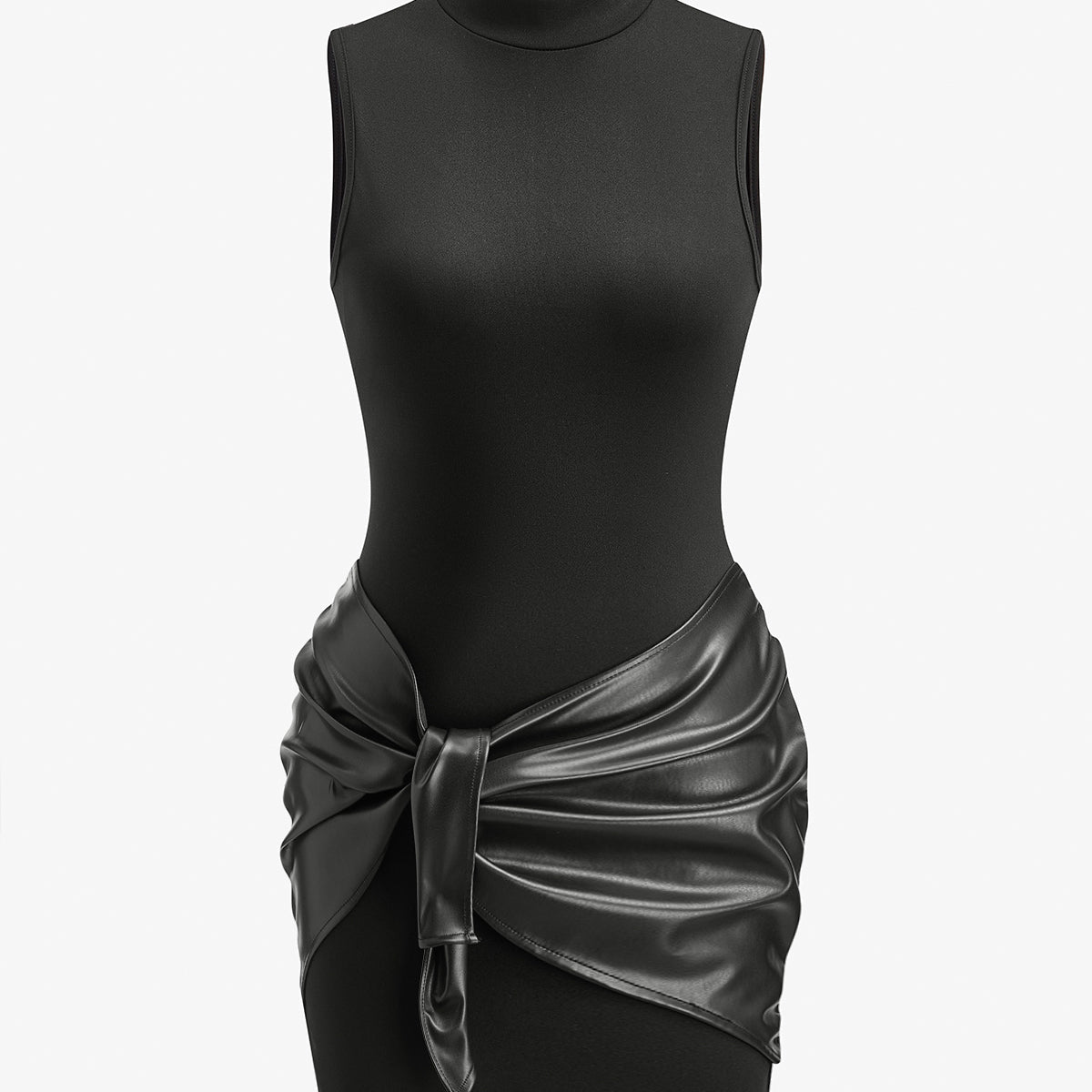 Dik Yaka Suni Deri Büzgü Panelli Elbise