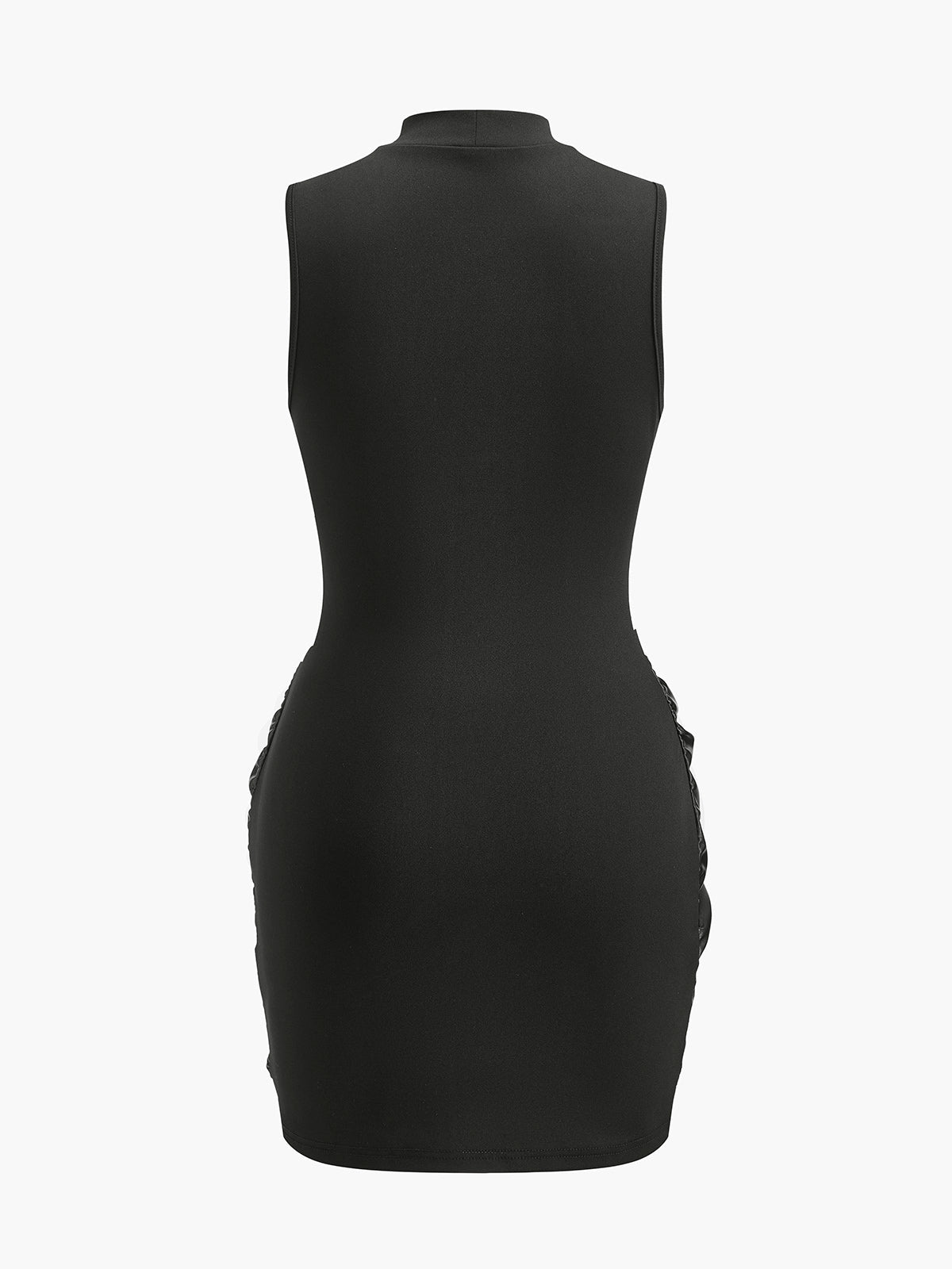 Dik Yaka Suni Deri Büzgü Panelli Elbise