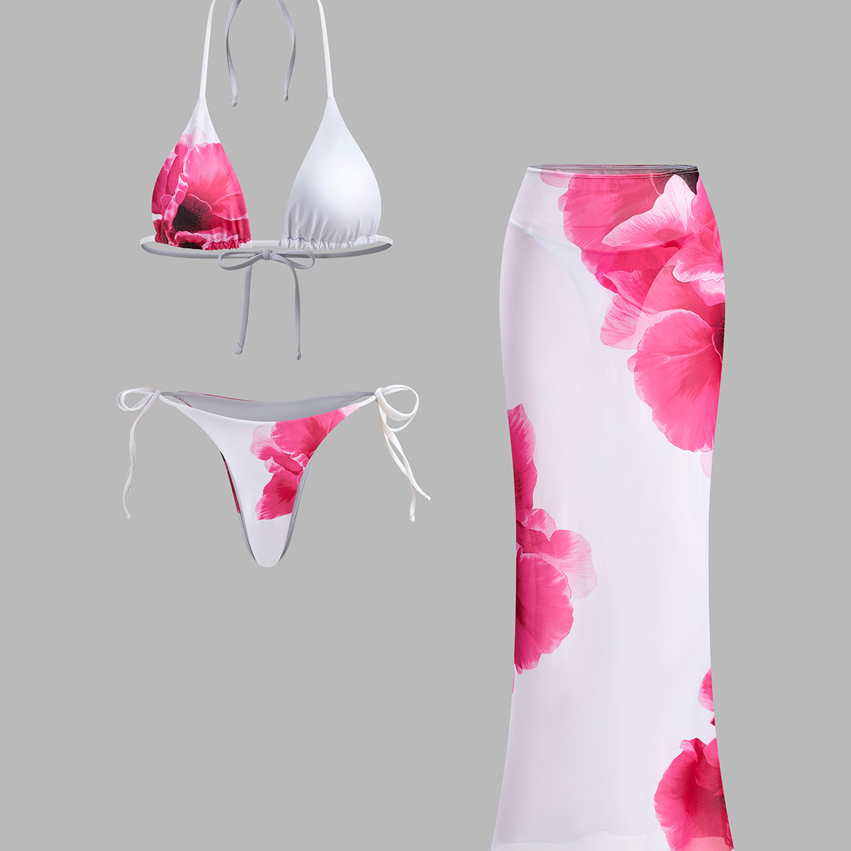 Çiçekli Bikini Takımı Yarı Şeffaf Etek ile
