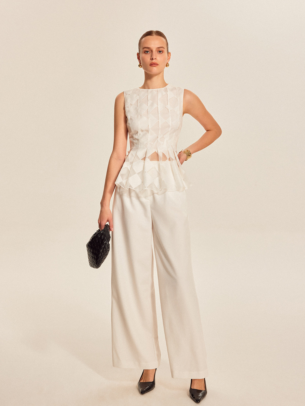 Yarı Şeffaf Geometrik Desenli Peplum Üst