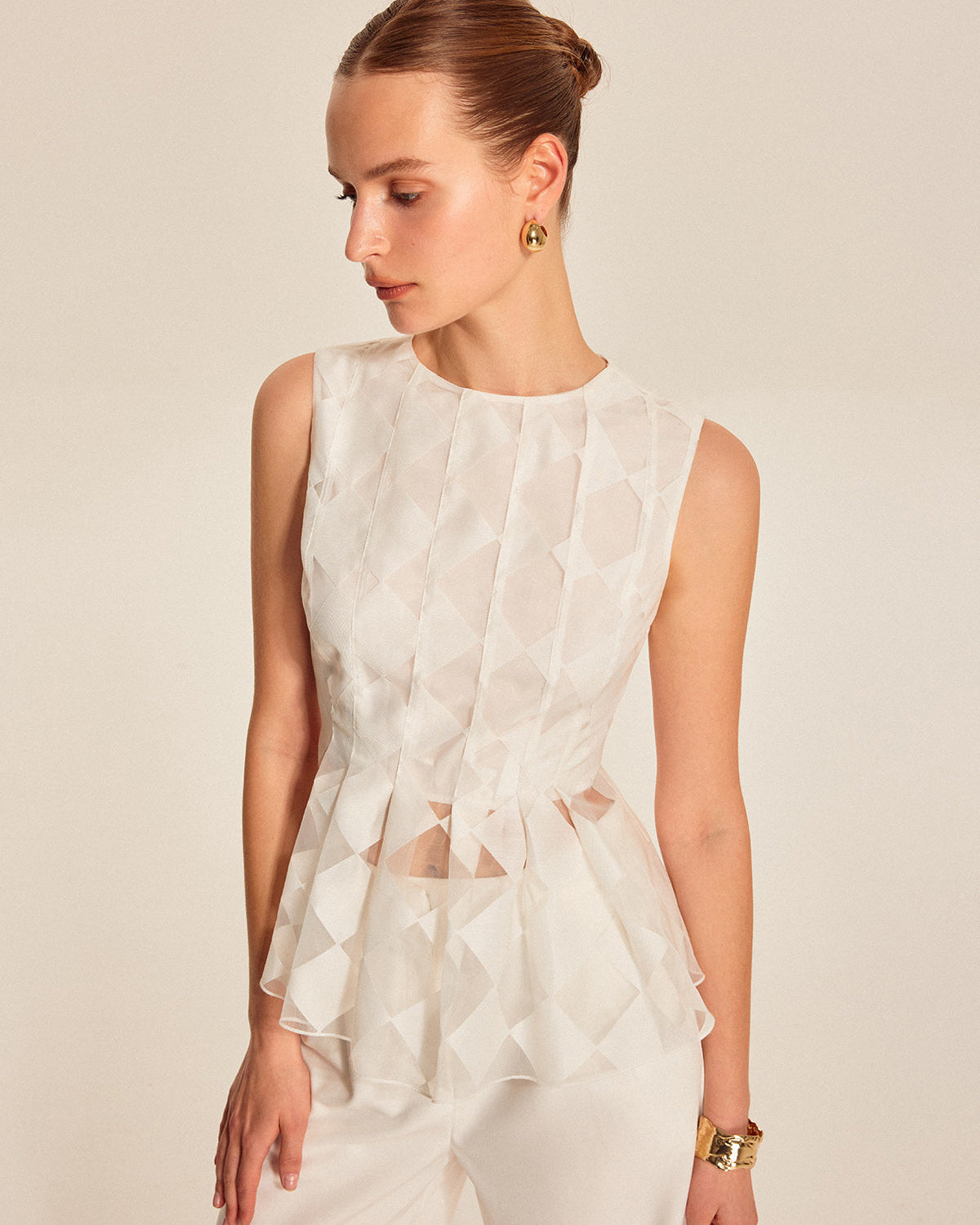 Yarı Şeffaf Geometrik Desenli Peplum Üst