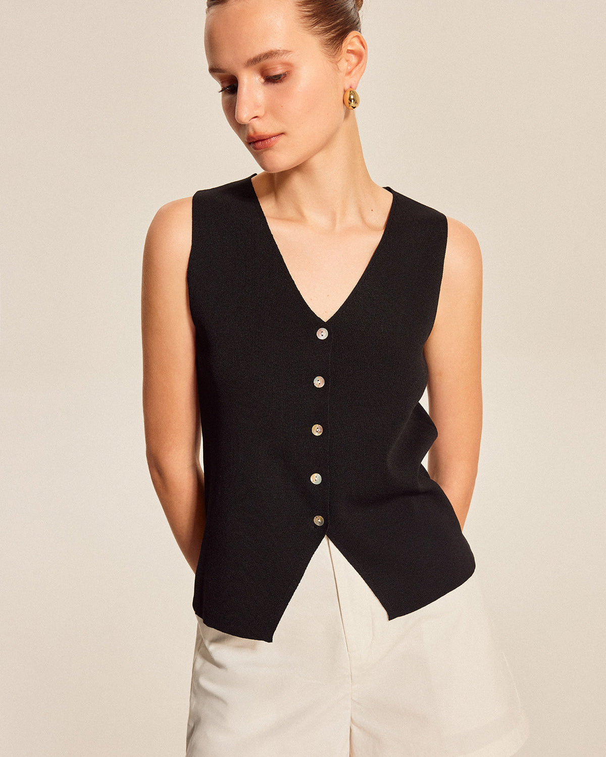 Kolsuz Ribanalı Triko Düğmeli Bluz