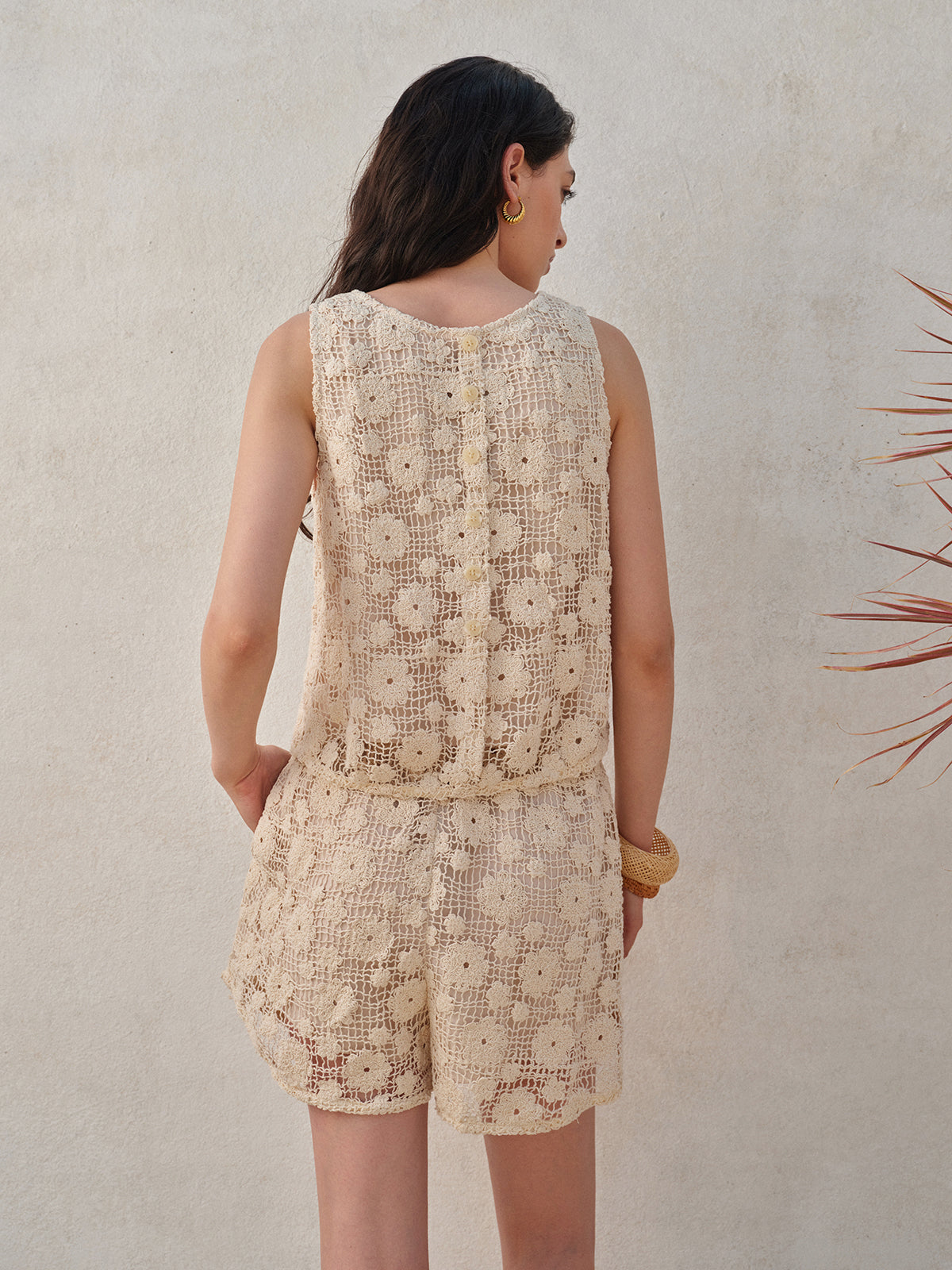 Dantel Detaylı Çiçek Desenli Kolsuz Şort Takımı