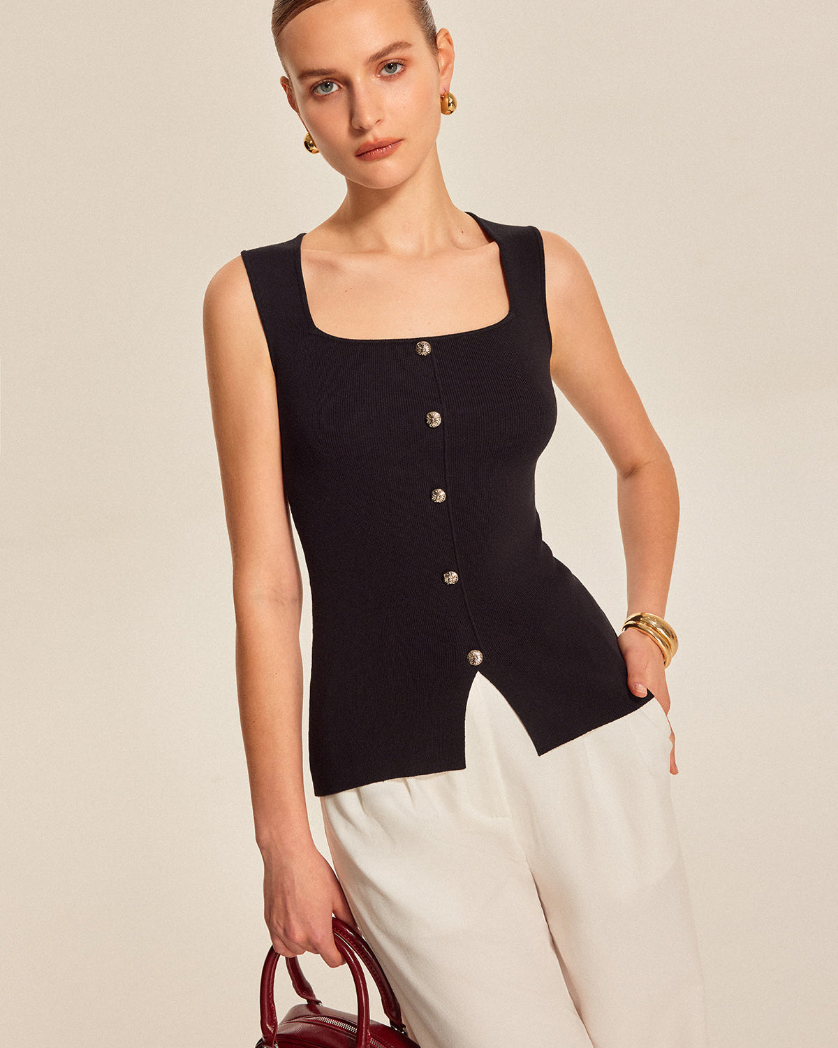 Önden Düğmeli Kare Yaka Bluz