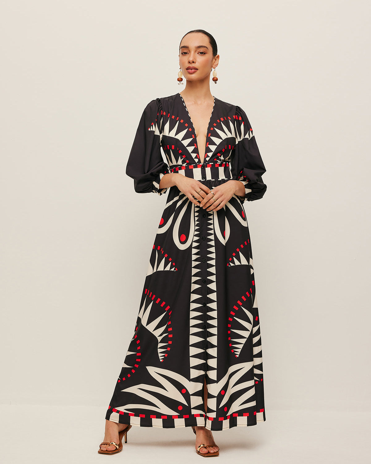 Bohem Desenli V Yaka Yırtmaçlı Maxi Elbise