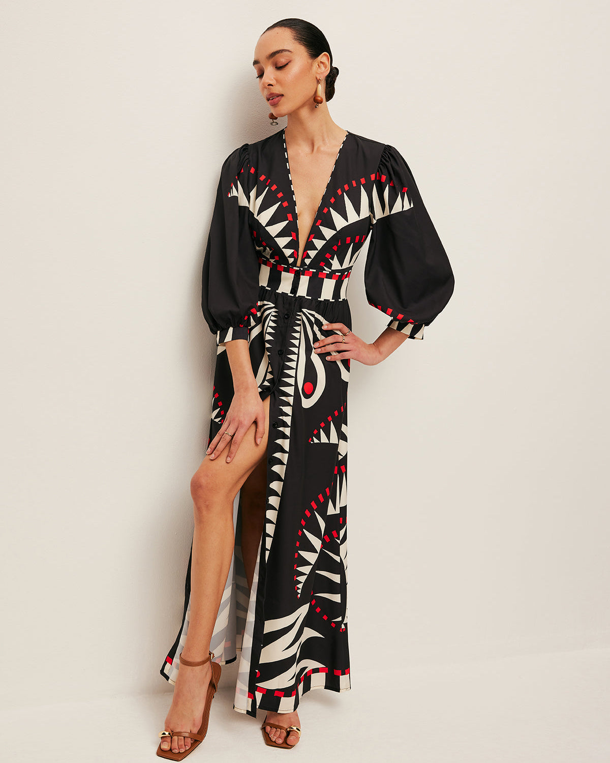 Bohem Desenli V Yaka Yırtmaçlı Maxi Elbise