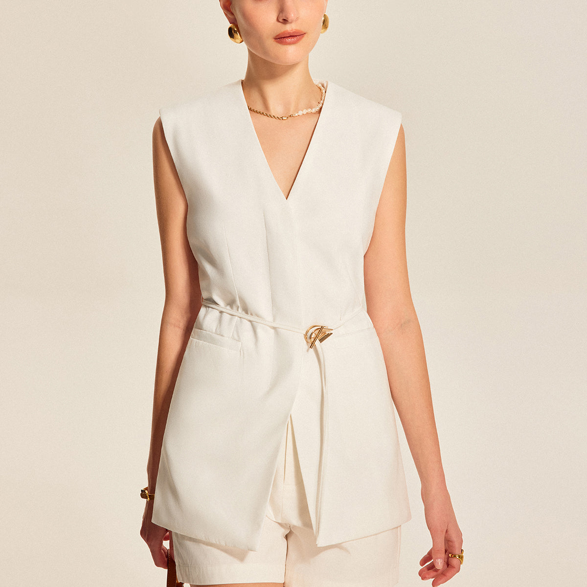 Kemerli V Yaka Kolsuz Yelek