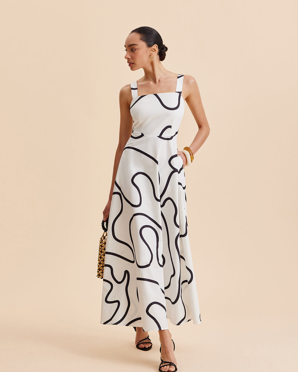 Soyut Desenli Kare Askılı Maxi Elbise
