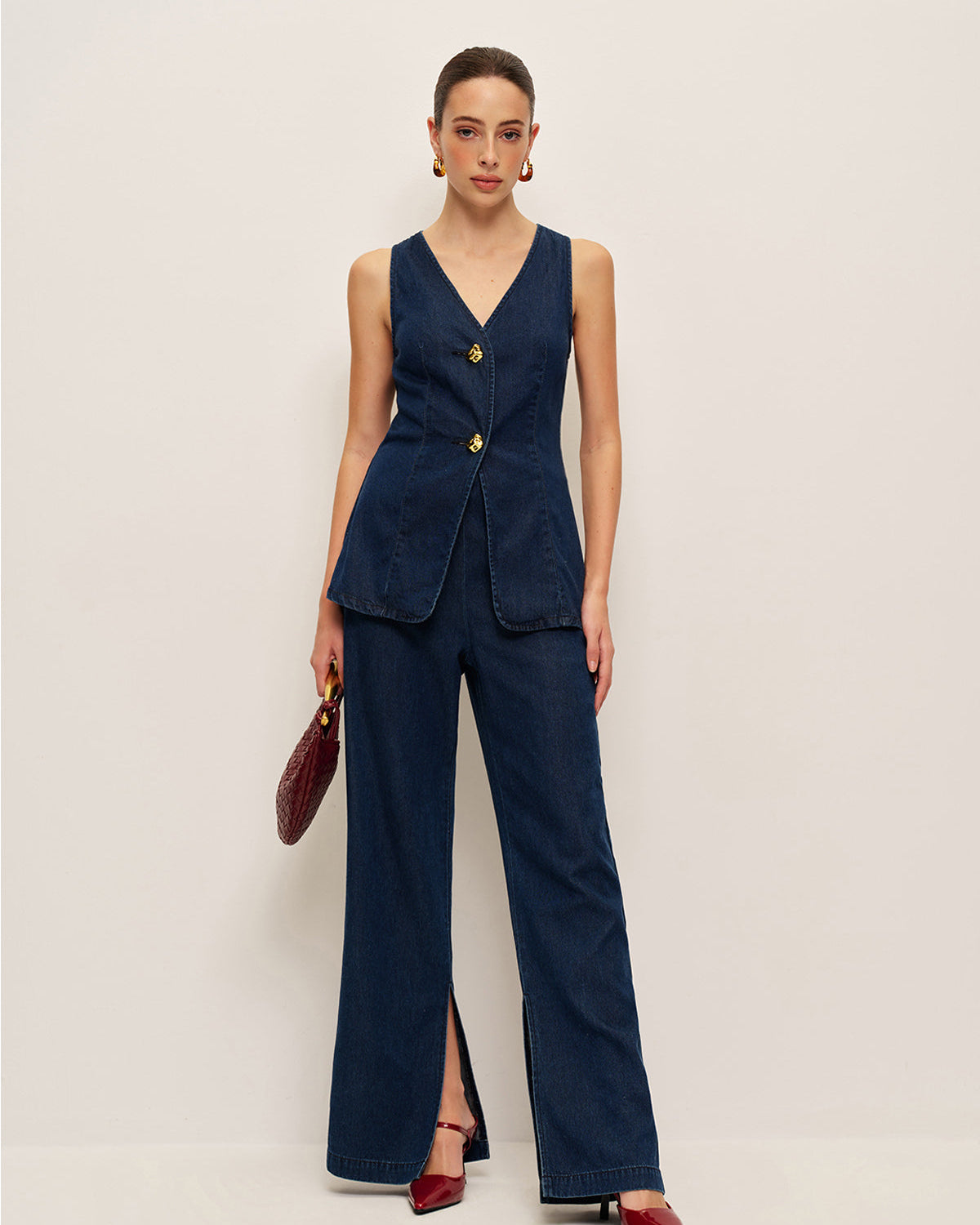 Klasik Düğmeli Kot Yelek