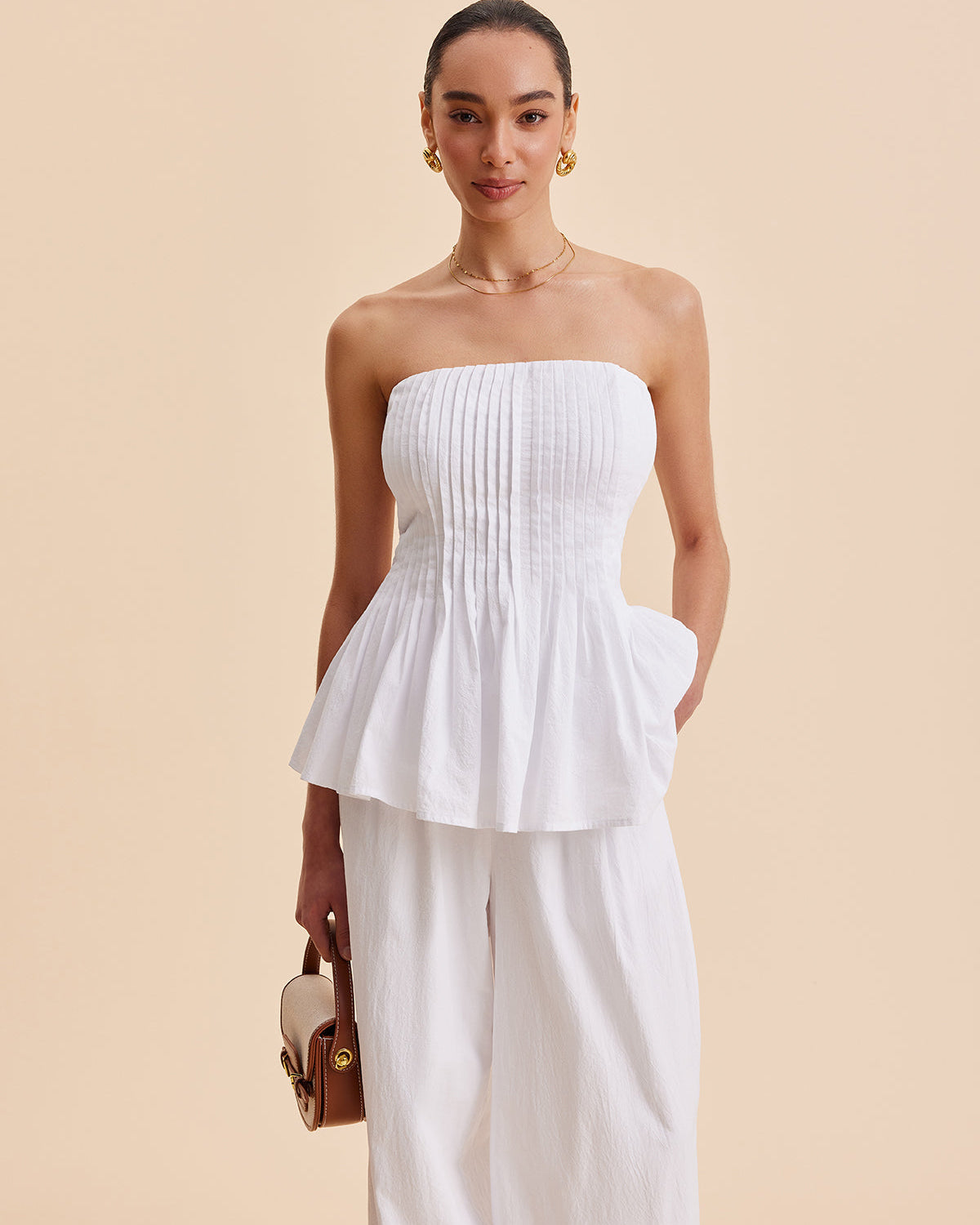 Pamuklu Pileli Askısız Peplum Bluz