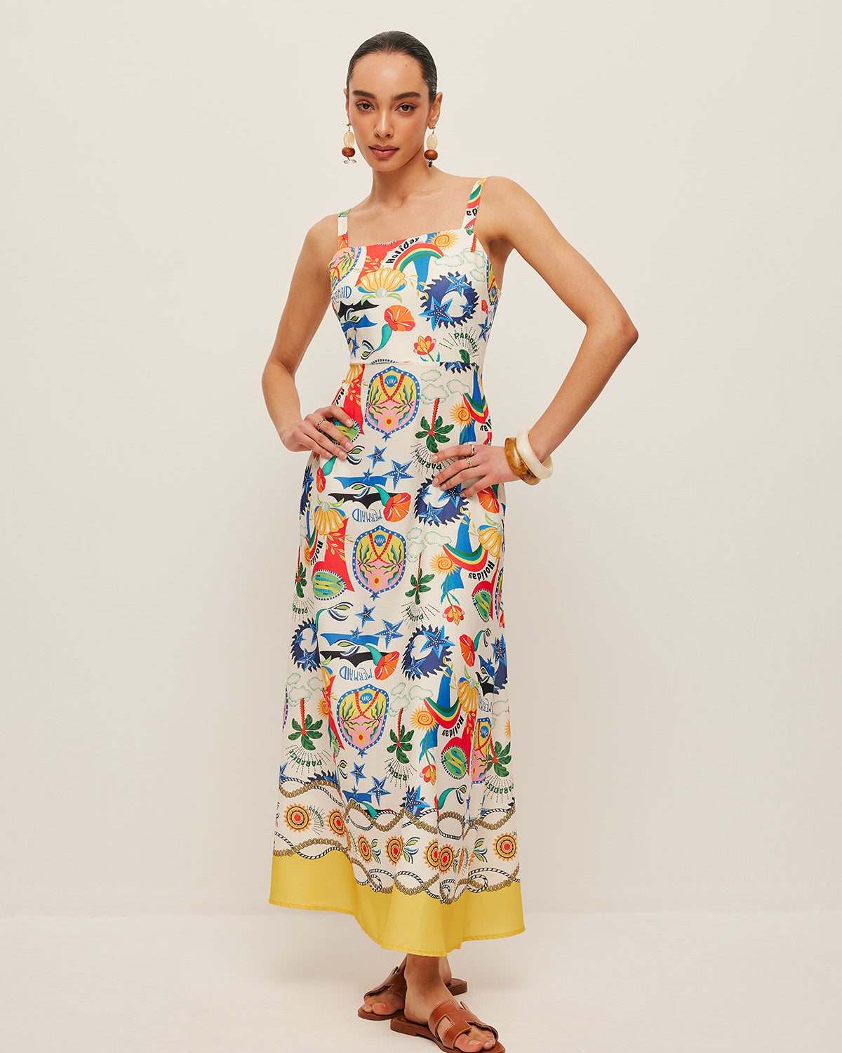 Renkli Desenli Askılı Elbise