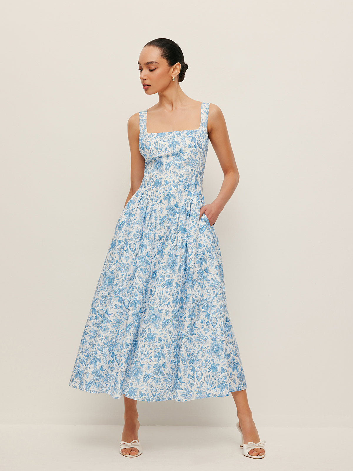 Kare Yaka Cepli Desenli Elbise