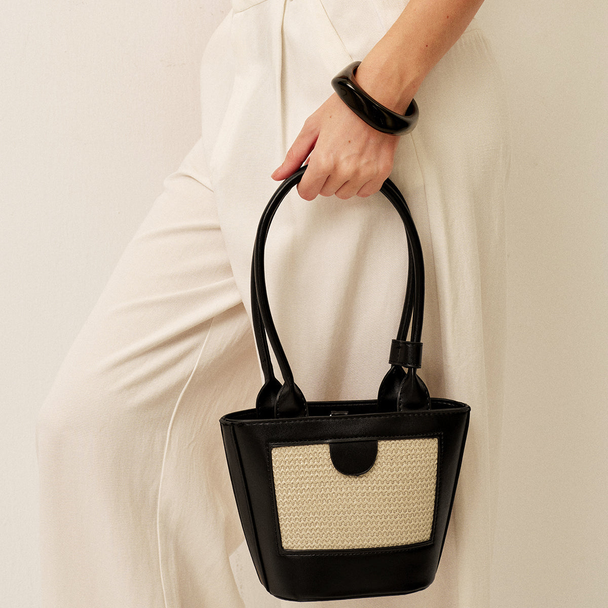 İki Renkli Dokuma Panelli Tote Çanta