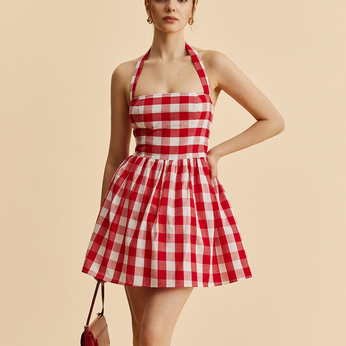 Ekose Desenli Halter Yaka Kloş Elbise