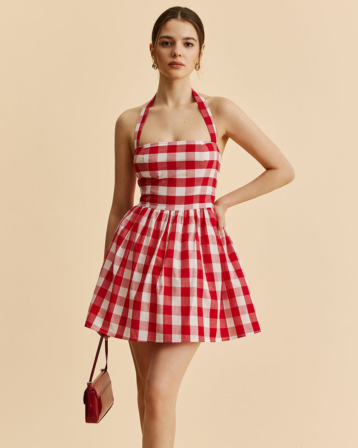 Ekose Desenli Halter Yaka Kloş Elbise