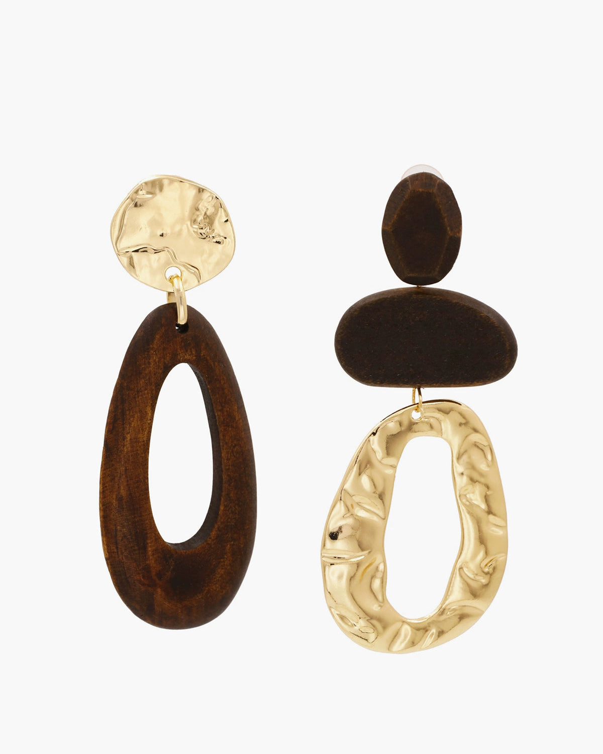 Asimetrik Ahşap ve Metal Sallantılı Küpeler