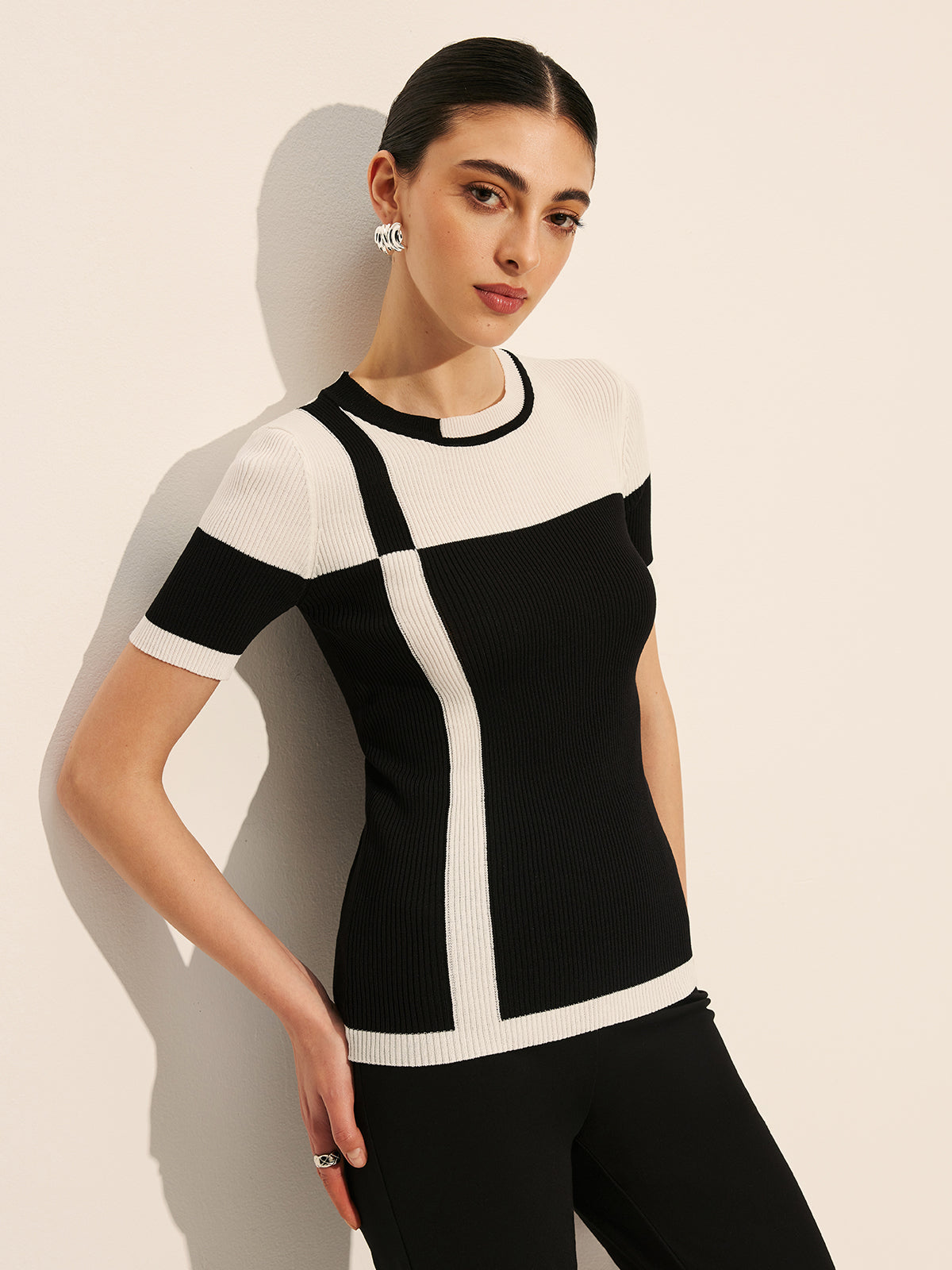 Renk Bloklu Fitilli Triko Üst