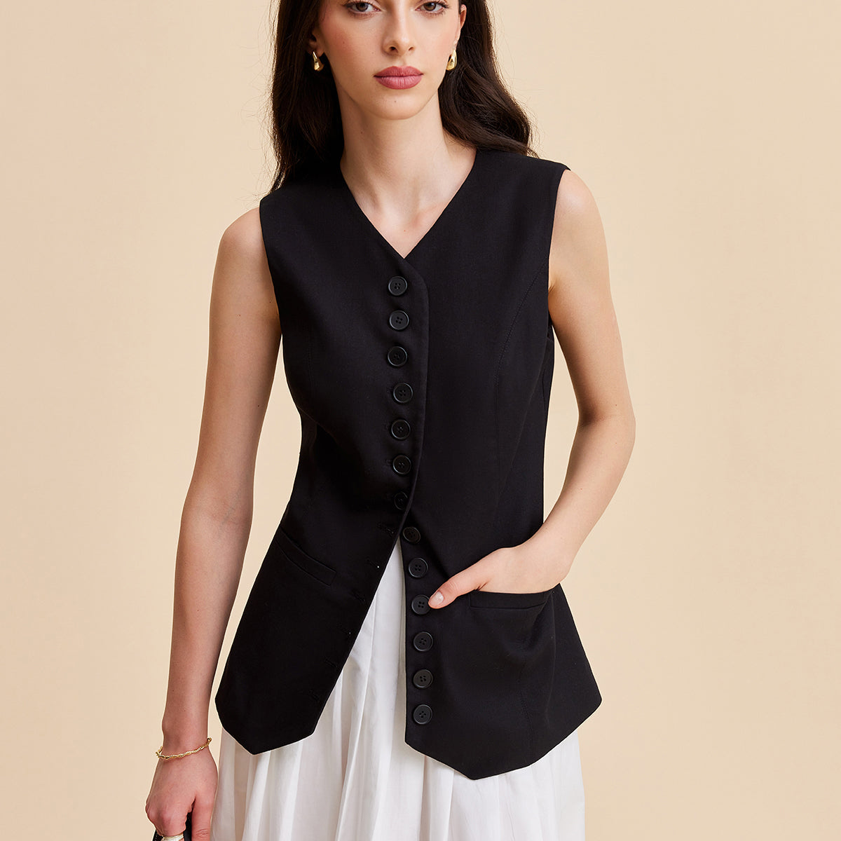 Keten ve Pamuk Karışımlı Düğmeli Yelek