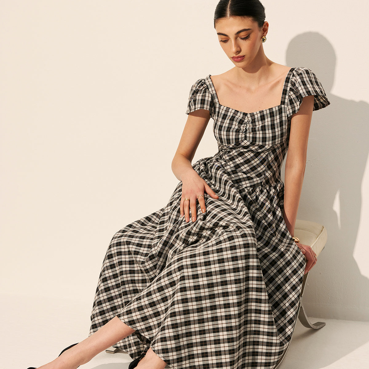 Dama Desenli Balon Kollu Elbise