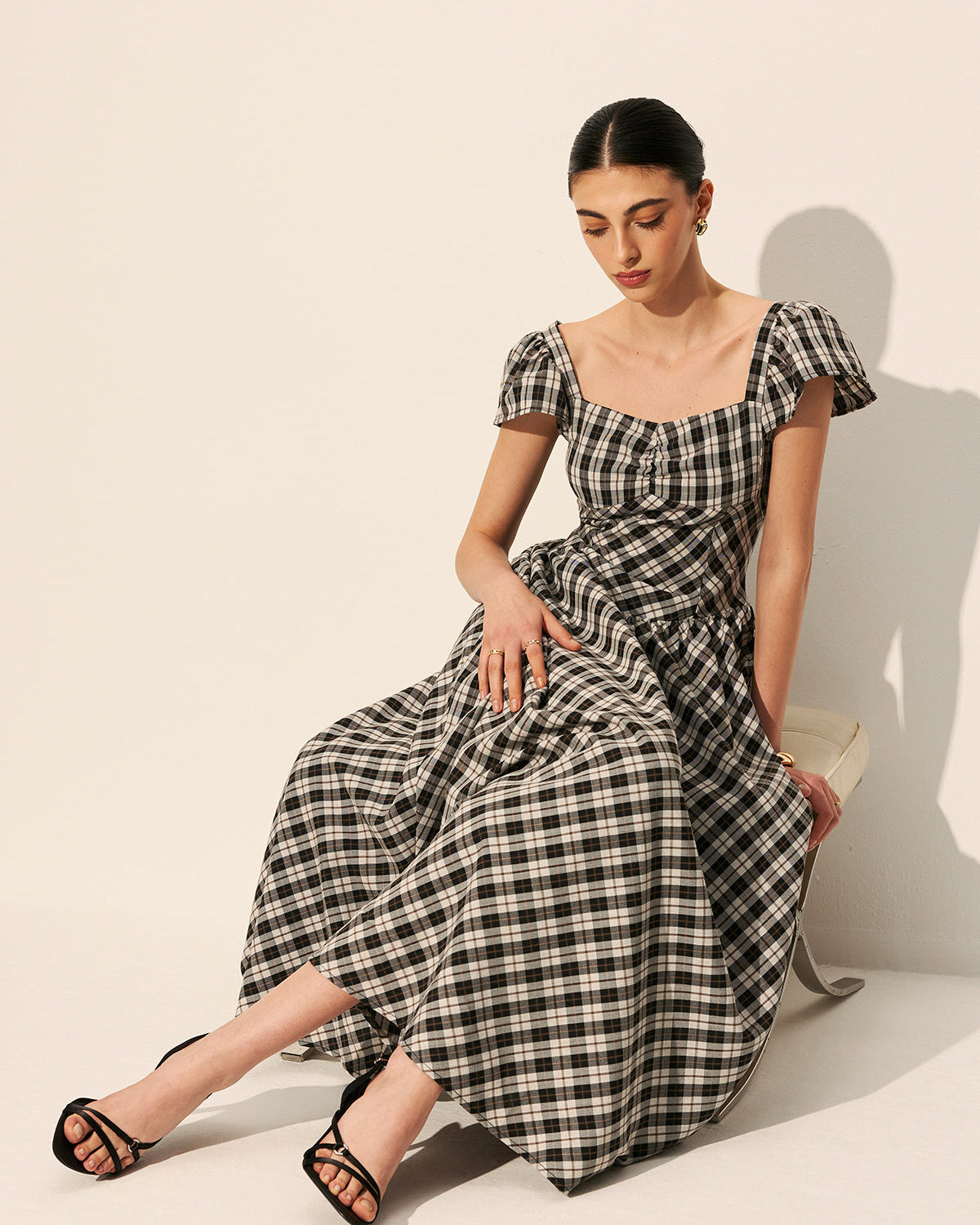 Dama Desenli Balon Kollu Elbise