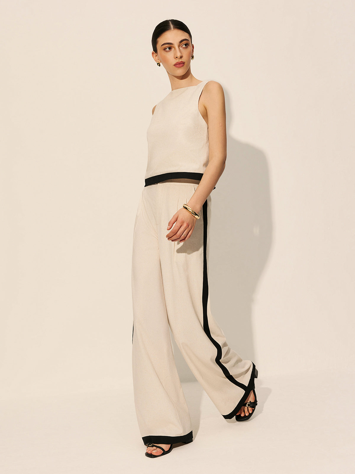 Keten ve Pamuk Karışımlı Kontrast Biye Detaylı Fermuarlı Pantolon Takımı