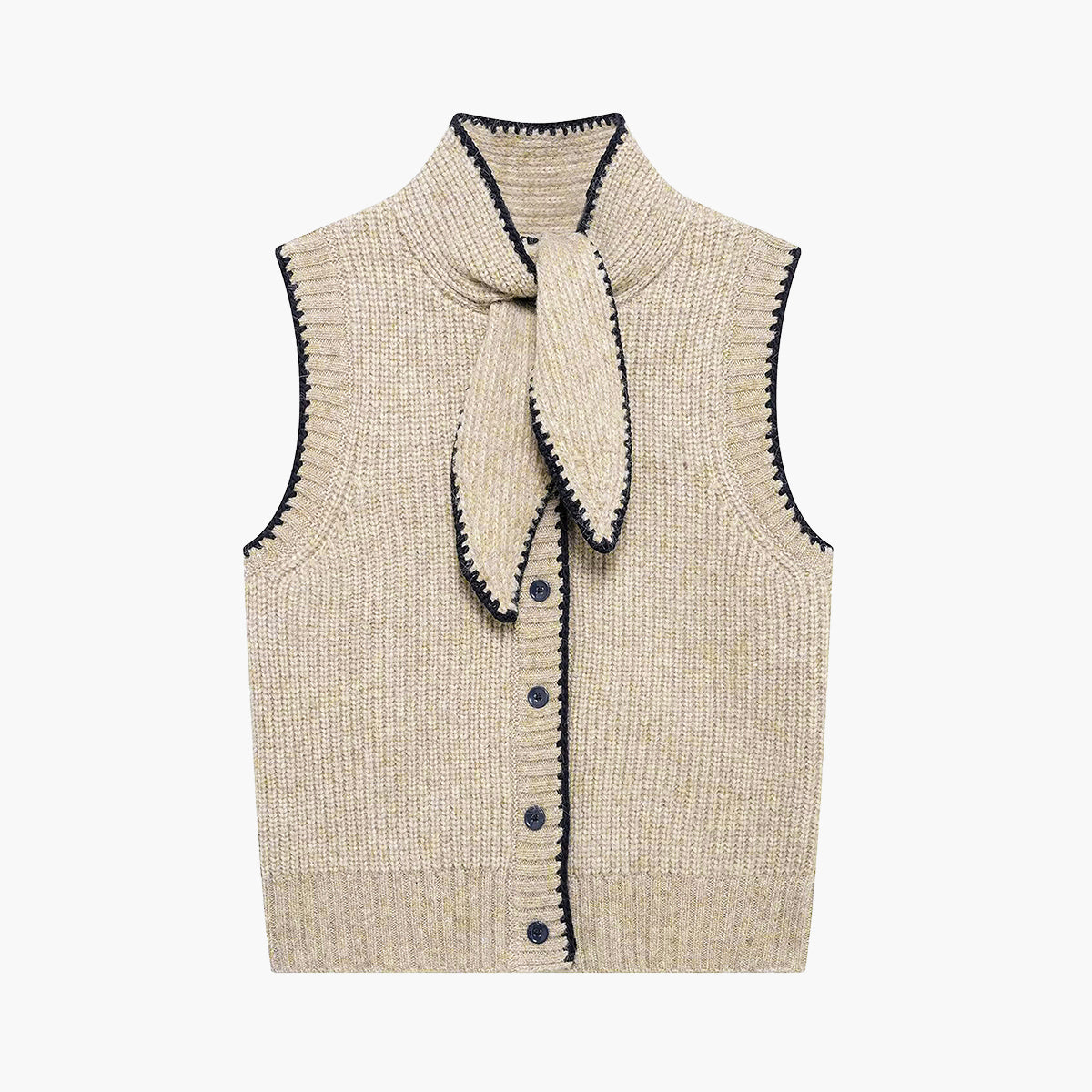 Bağcıklı Yaka Kontrast Biyeli Düğmeli Triko Yelek