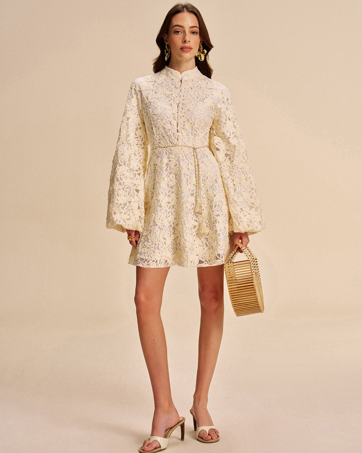 Dantel Balon Kollu Kuşaklı Elbise