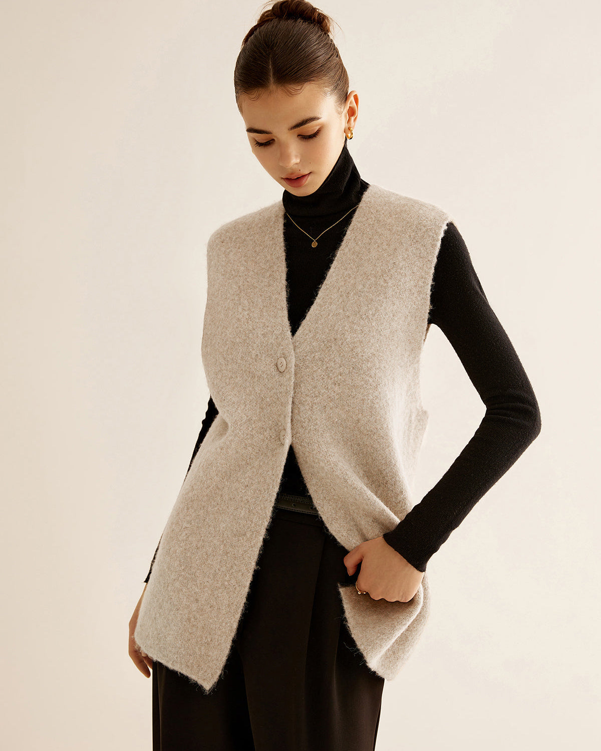 Yün Karışımlı Göğüslü Kazak Yelek