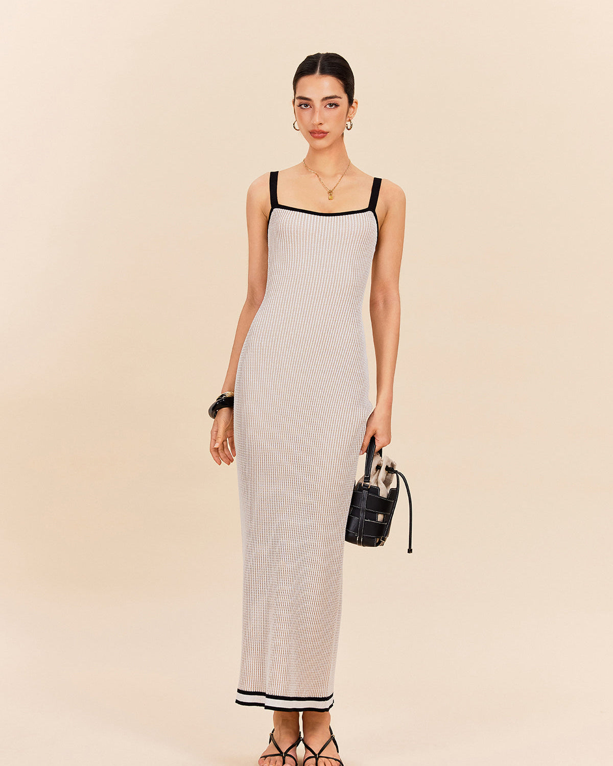 Çizgili Kontrast Kesim İnce Askılı Kazak Elbise