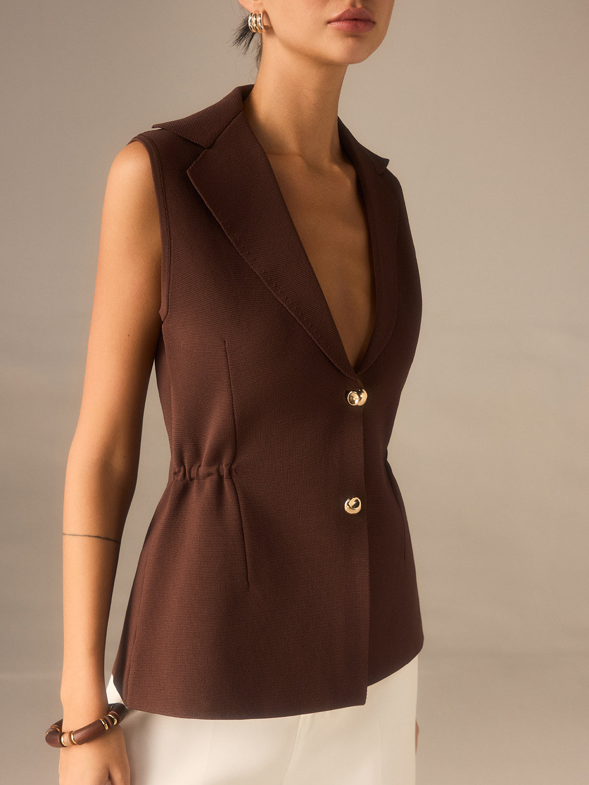 Metal Düğmeli Triko Kolsuz Blazer Yelek