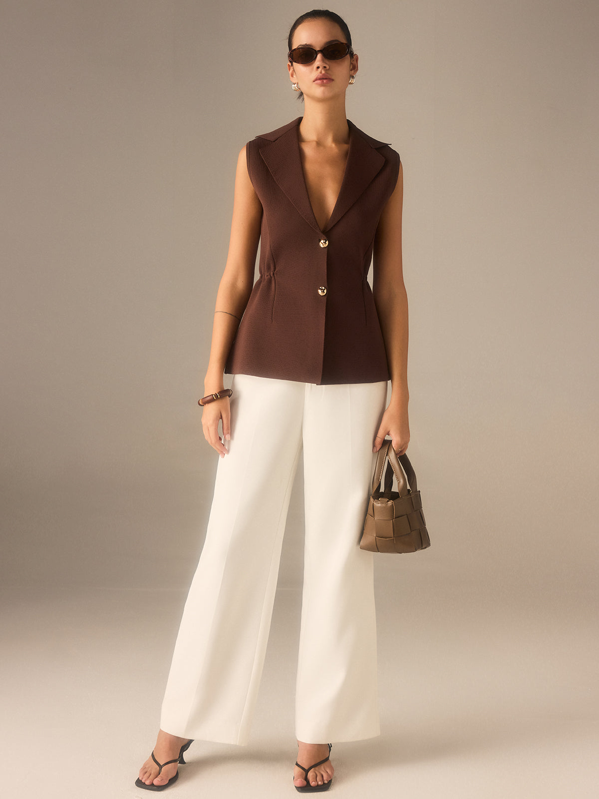 Metal Düğmeli Triko Kolsuz Blazer Yelek