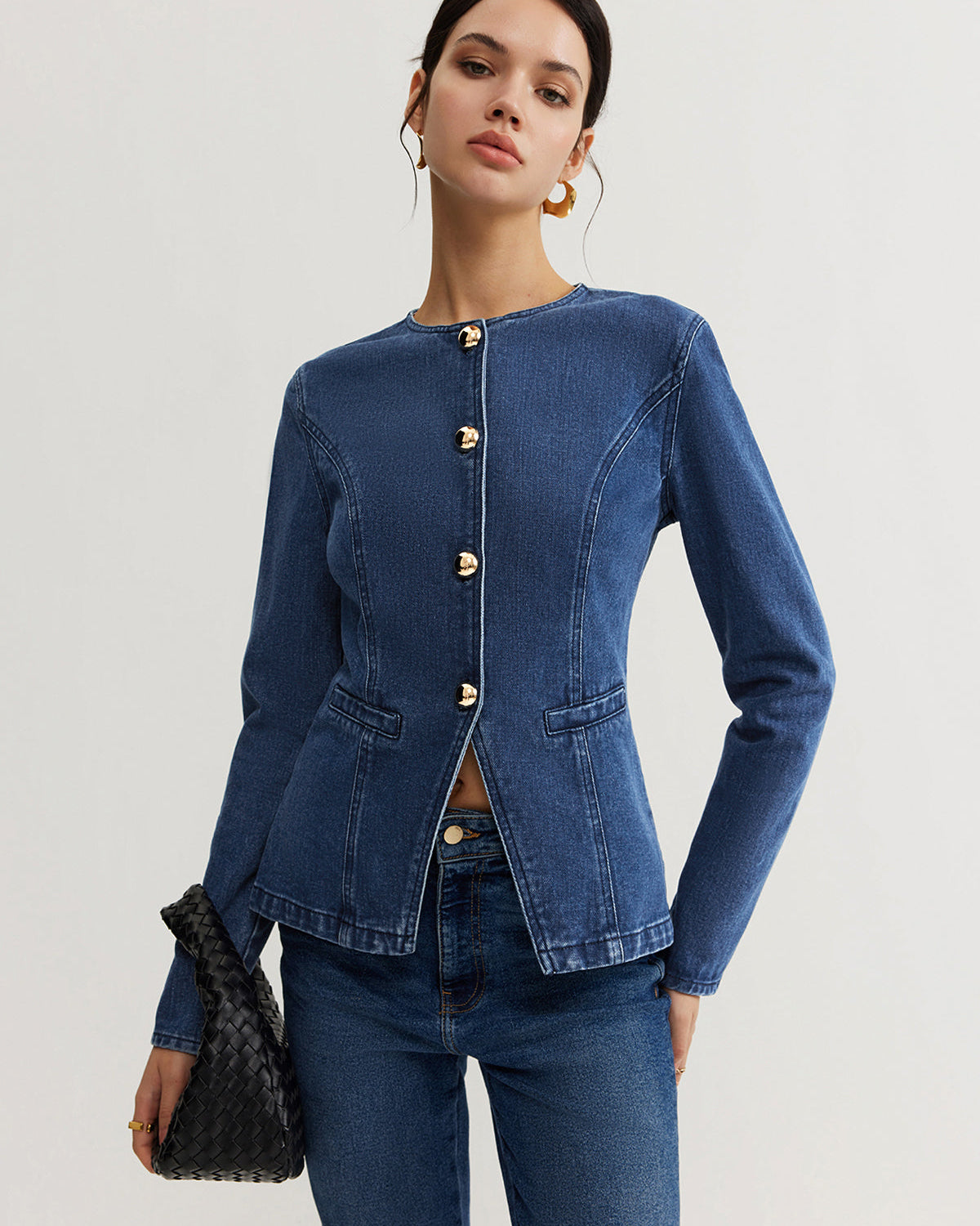 Düğmeli Dar Kesim Kot Ceket