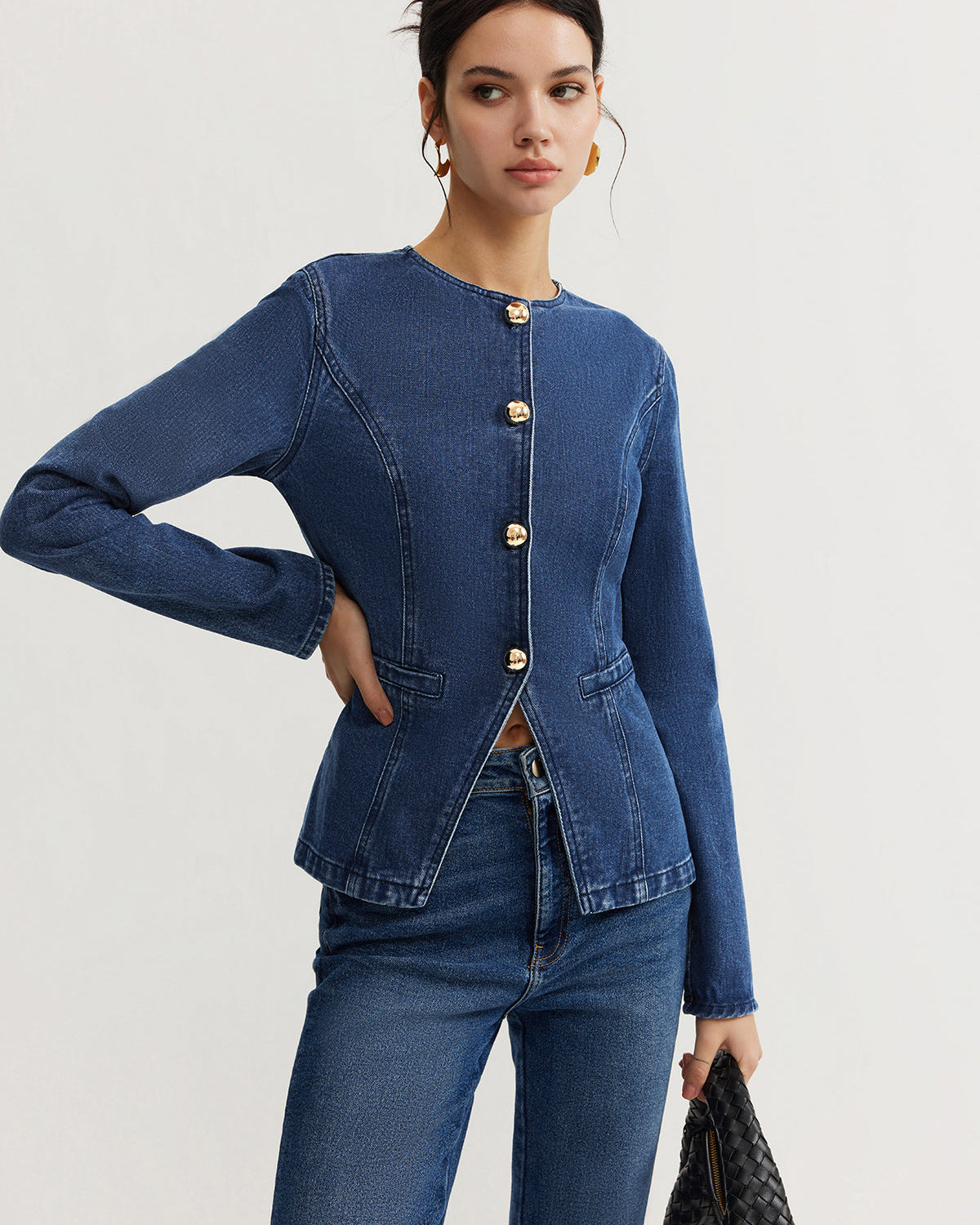 Düğmeli Dar Kesim Kot Ceket