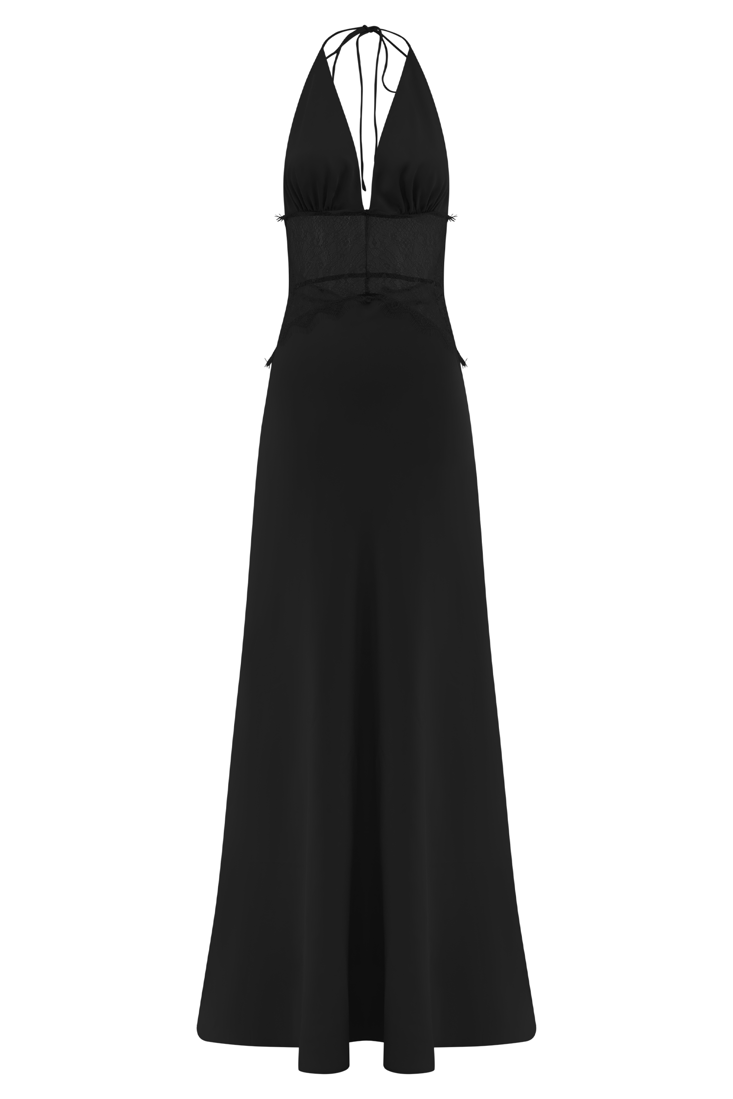 Dantel Bel Detaylı Saten Halter Uzun Elbise – Siyah