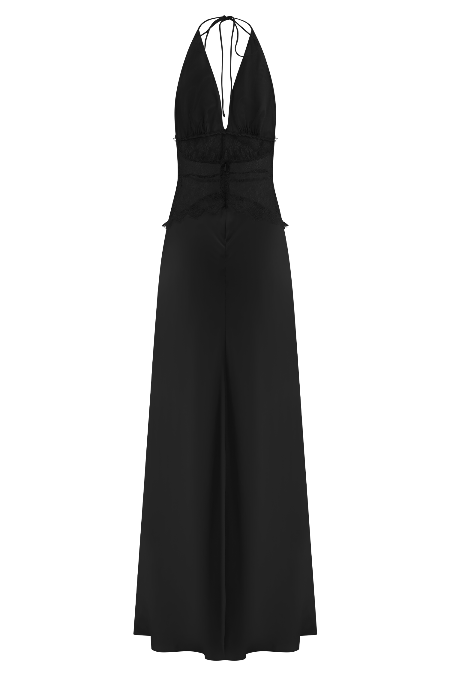 Dantel Bel Detaylı Saten Halter Uzun Elbise – Siyah