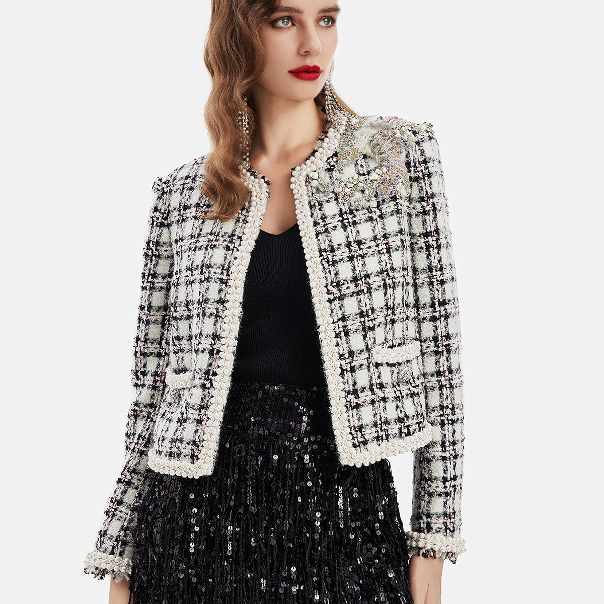 Fransız Yün Karışımlı Boncuklu Ekose Ceket