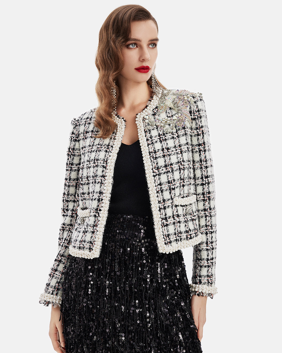 Fransız Yün Karışımlı Boncuklu Ekose Ceket