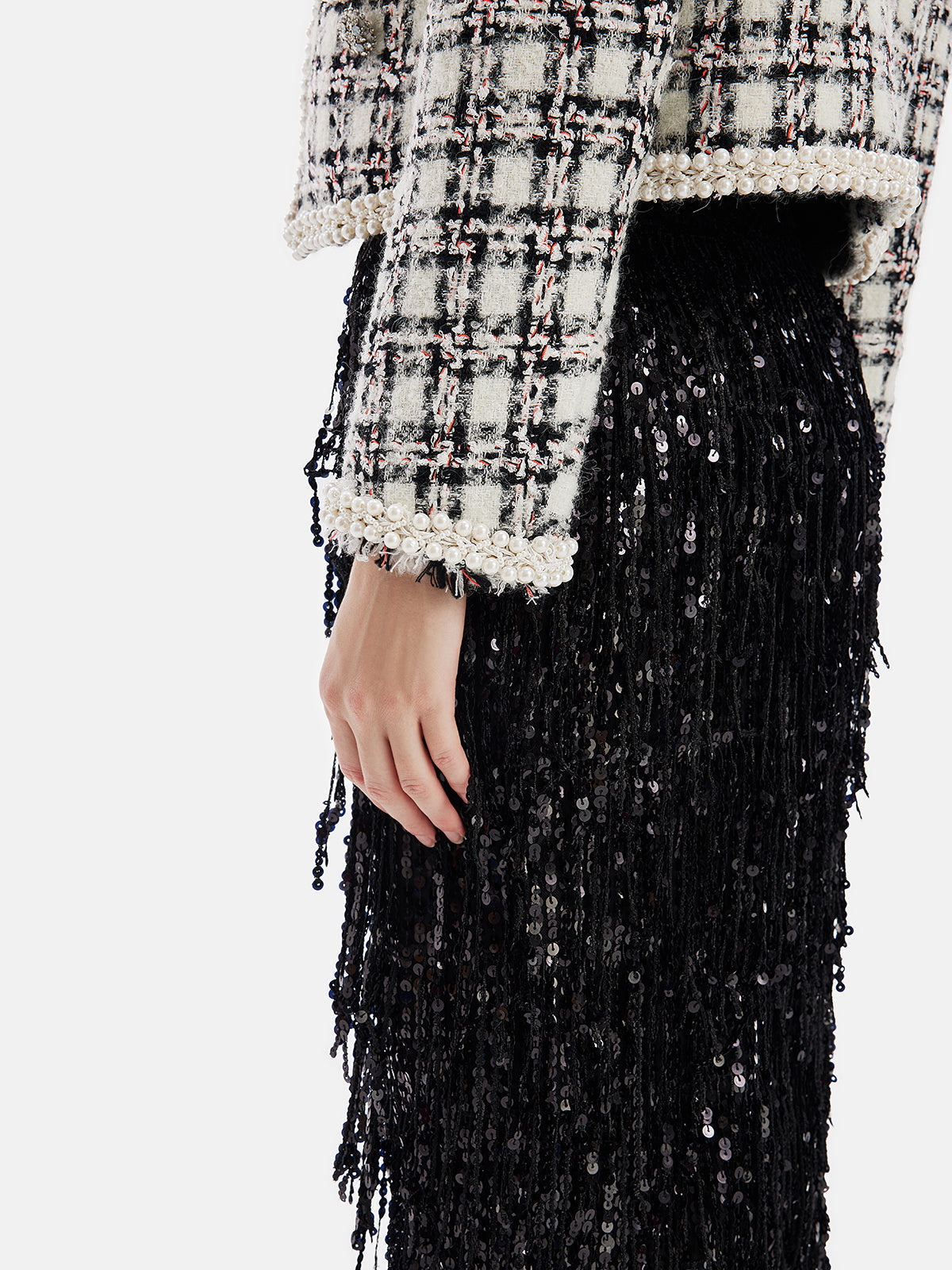 Fransız Yün Karışımlı Boncuklu Ekose Ceket