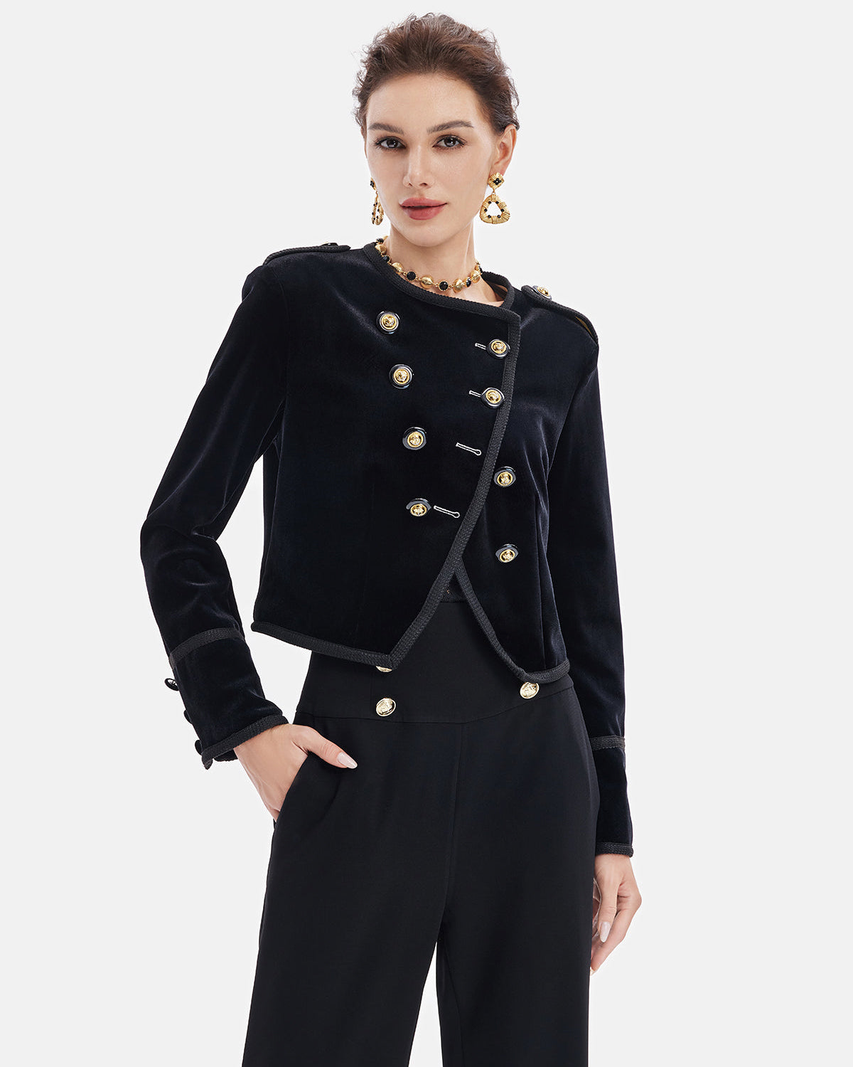 Retro Kadife Kruvaze Asimetrik Kısa Ceket